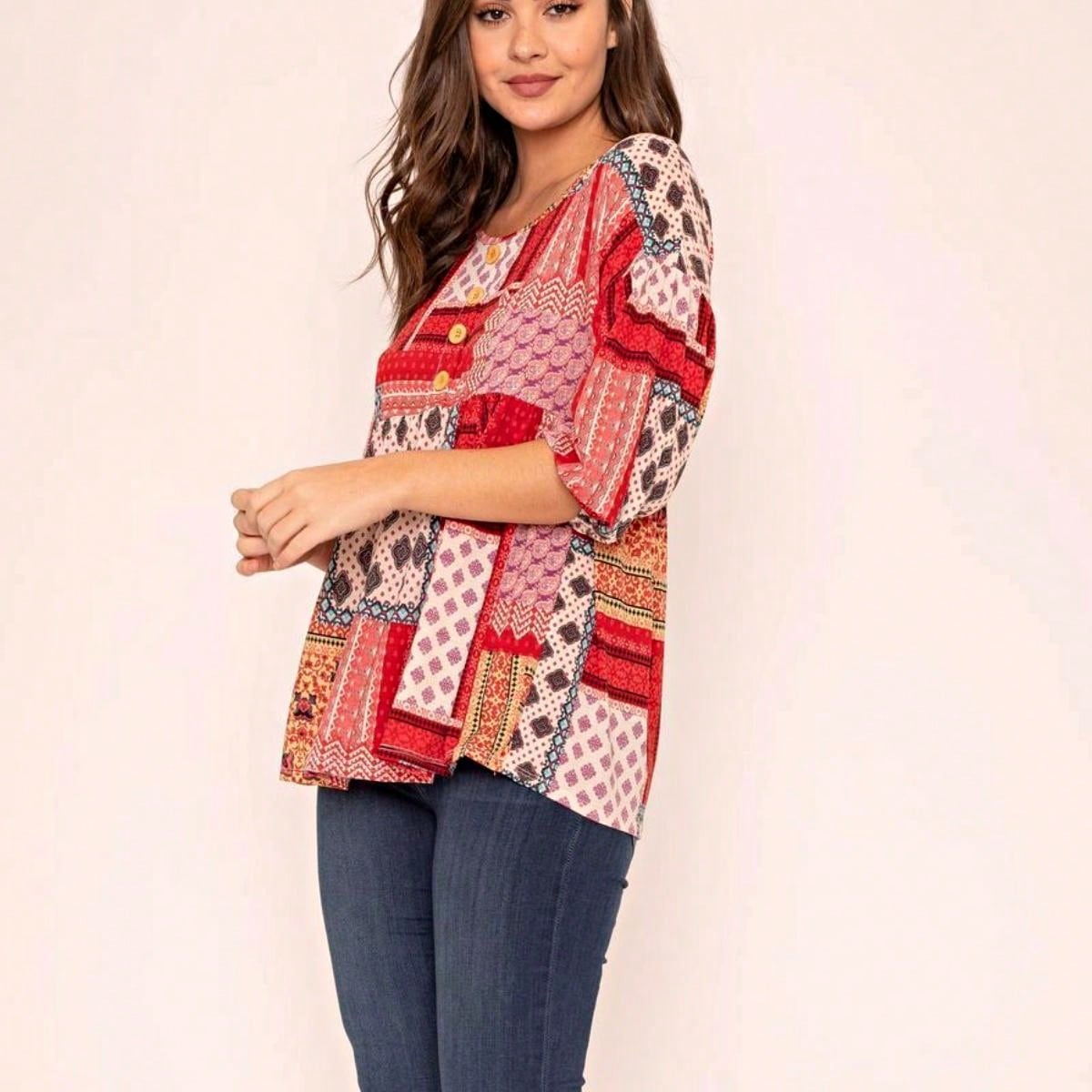 Summer/Spring Ditsy Floral Patch Work Bishop Lantern Sleeve Crew Neck Cute Baby Doll Top Blouse With Button Accent Breathable, Plus Extended Size