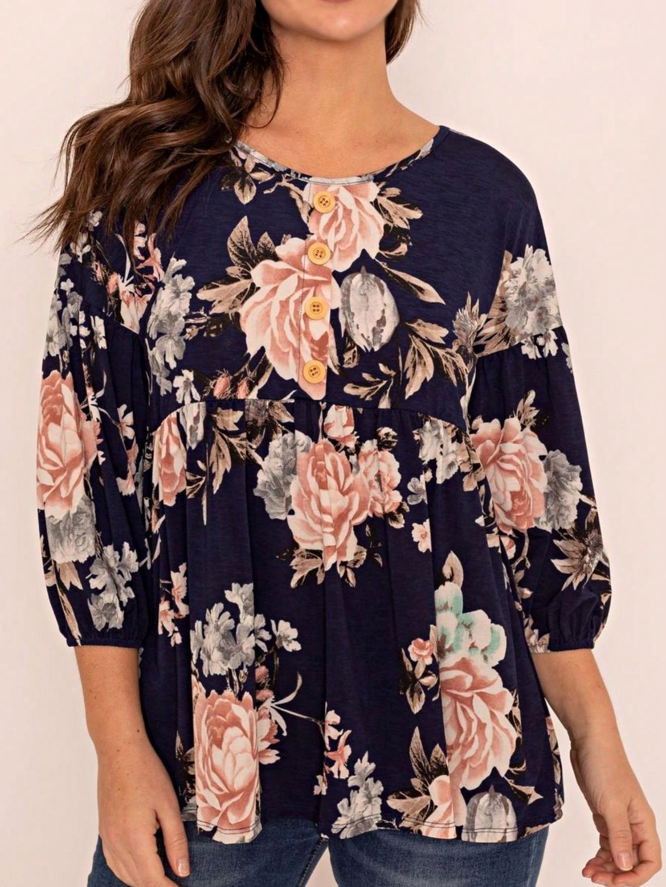 Summer/Spring Ditsy Floral Patch Work Bishop Lantern Sleeve Crew Neck Cute Baby Doll Top Blouse With Button Accent Breathable, Plus Extended Size