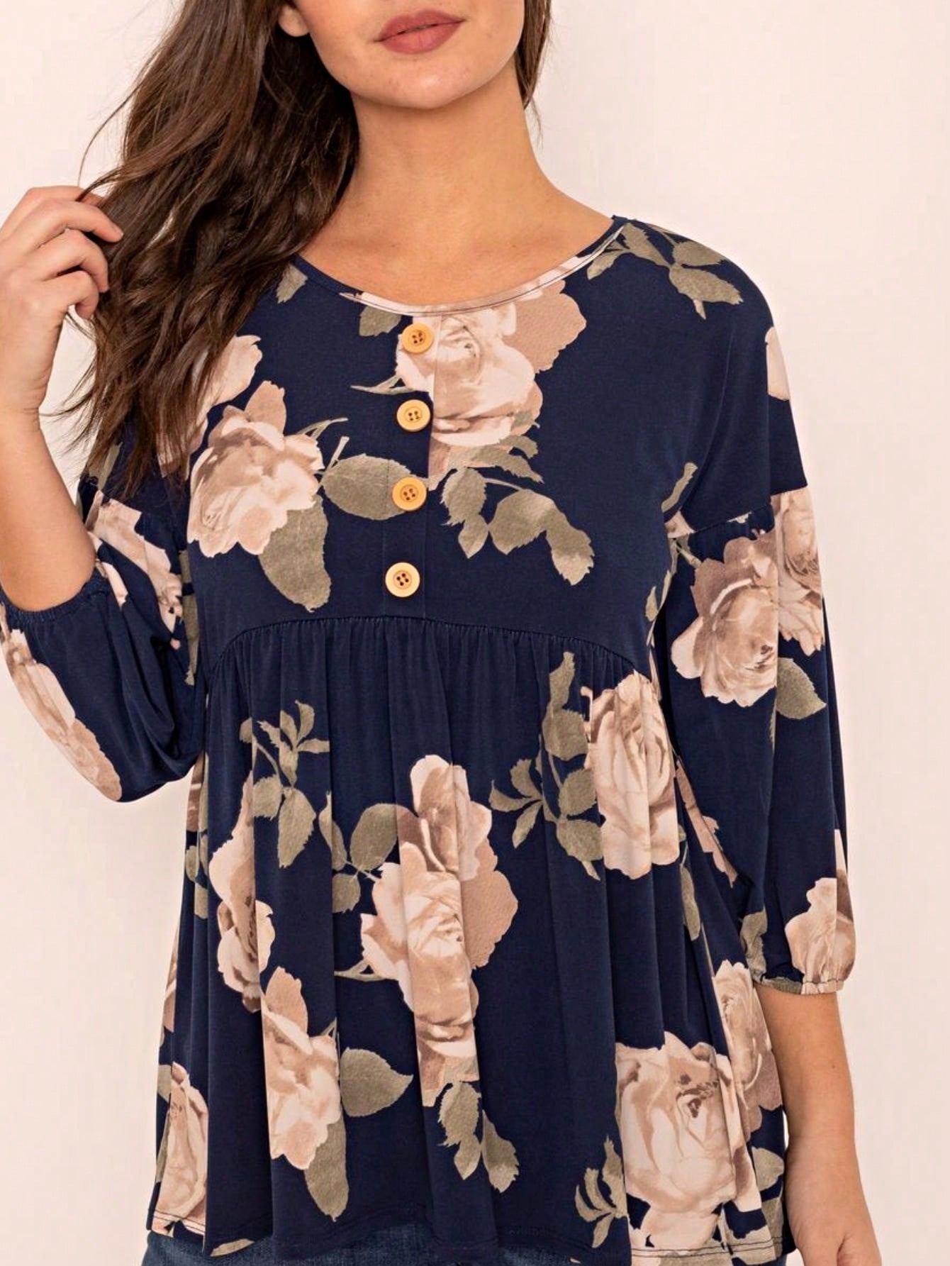 Summer/Spring Ditsy Floral Patch Work Bishop Lantern Sleeve Crew Neck Cute Baby Doll Top Blouse With Button Accent Breathable, Plus Extended Size