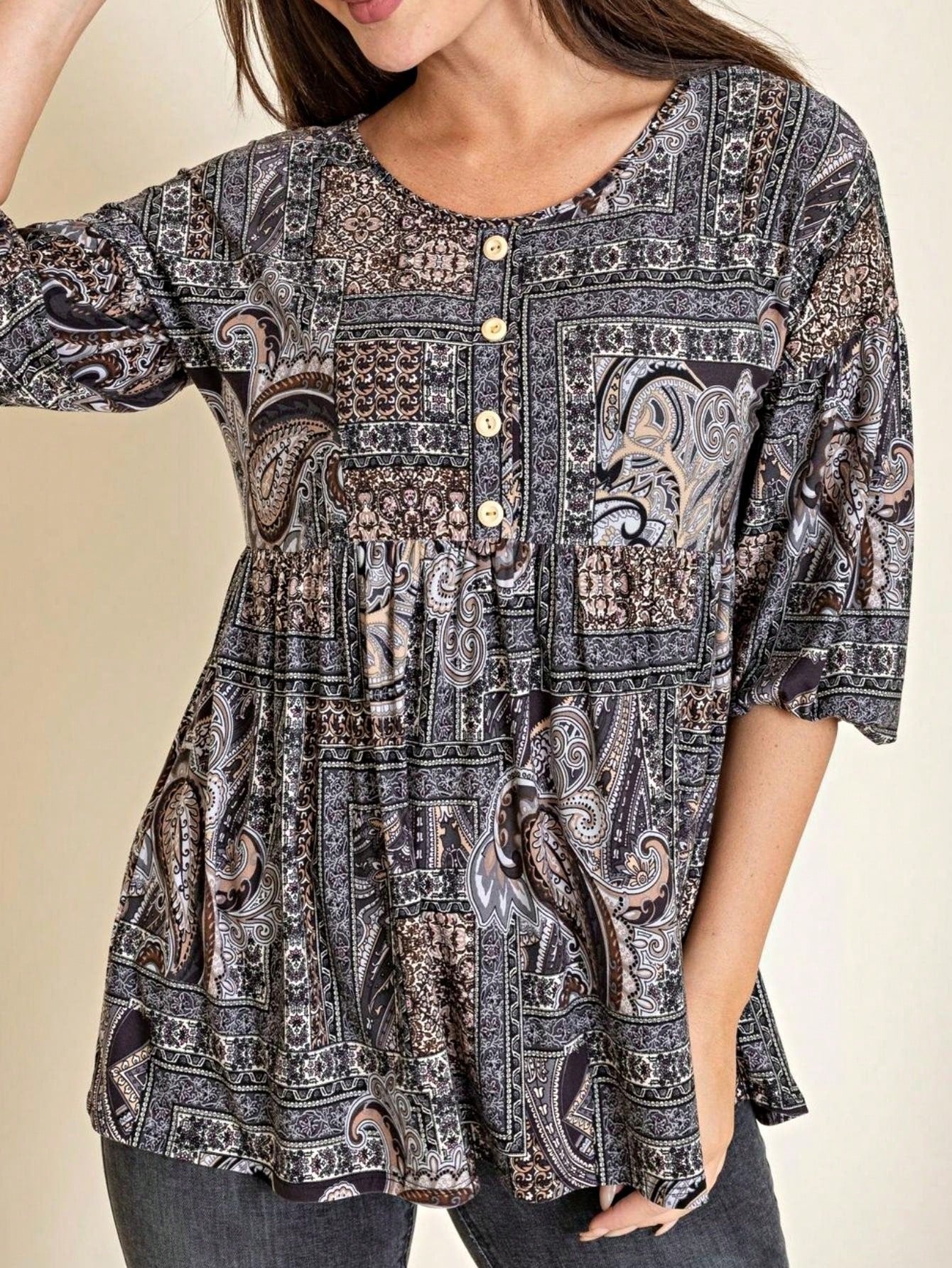 Summer/Spring Ditsy Floral Patch Work Bishop Lantern Sleeve Crew Neck Cute Baby Doll Top Blouse With Button Accent Breathable, Plus Extended Size