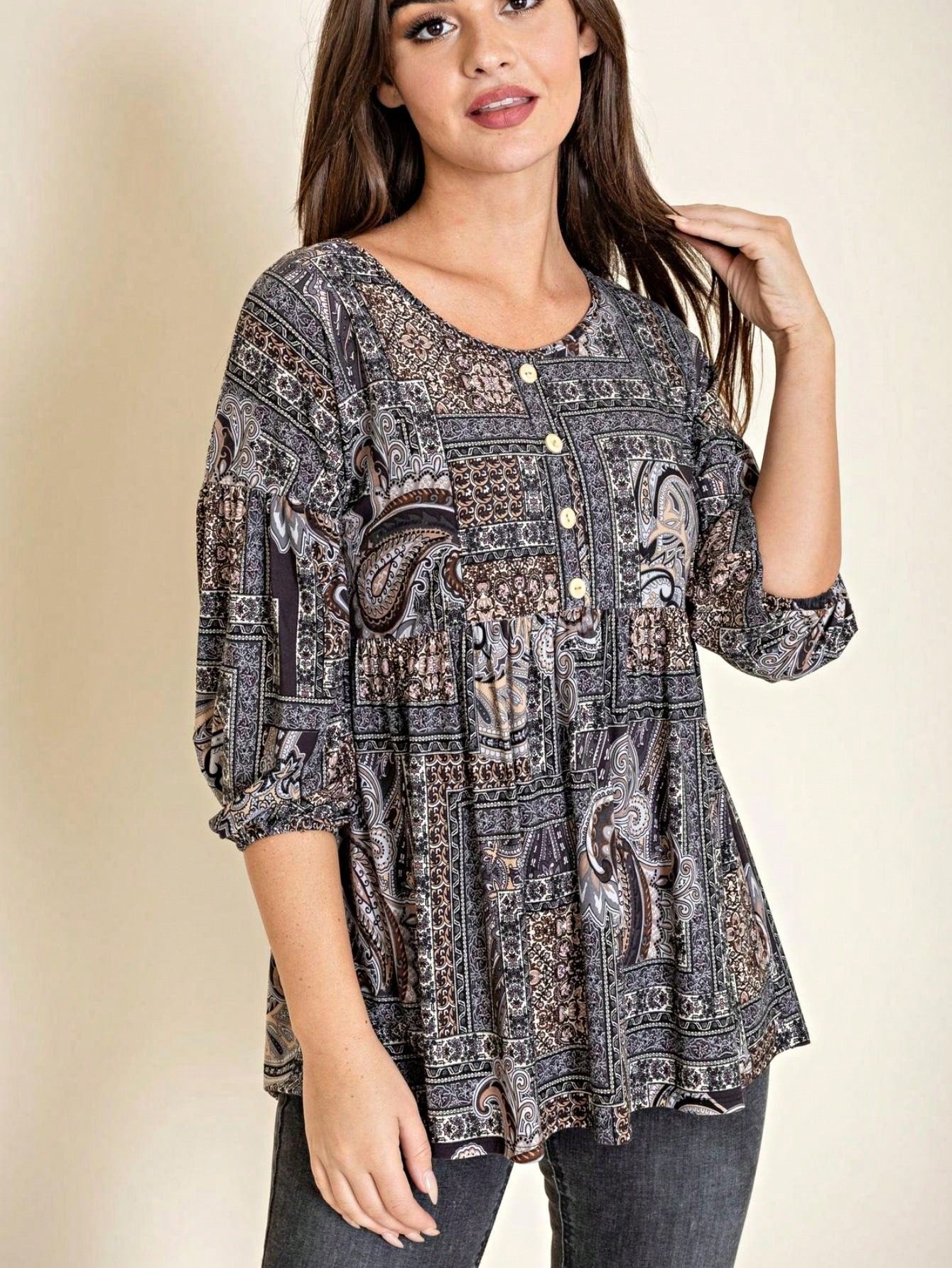 Summer/Spring Ditsy Floral Patch Work Bishop Lantern Sleeve Crew Neck Cute Baby Doll Top Blouse With Button Accent Breathable, Plus Extended Size