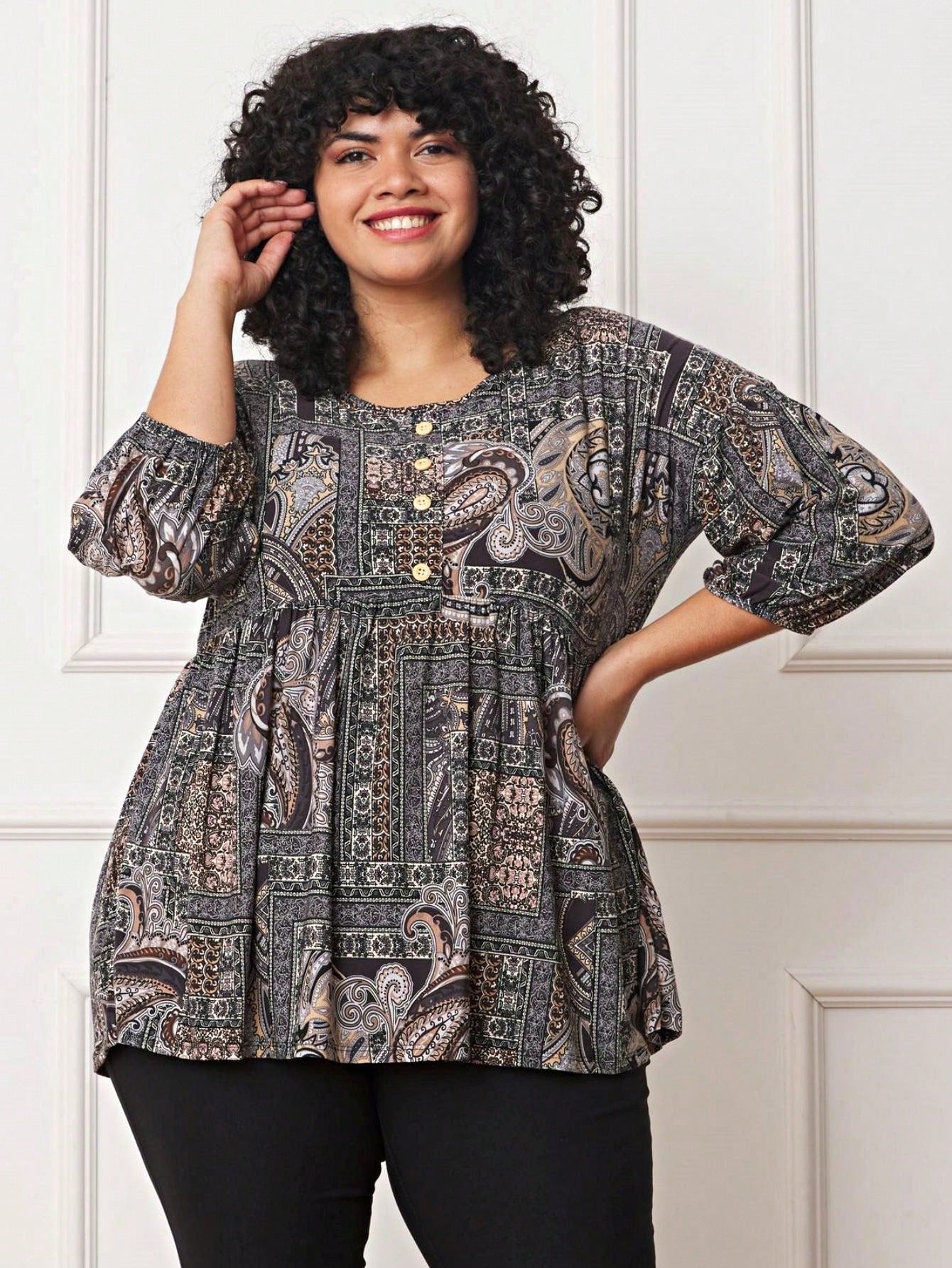 Summer/Spring Ditsy Floral Patch Work Bishop Lantern Sleeve Crew Neck Cute Baby Doll Top Blouse With Button Accent Breathable, Plus Extended Size