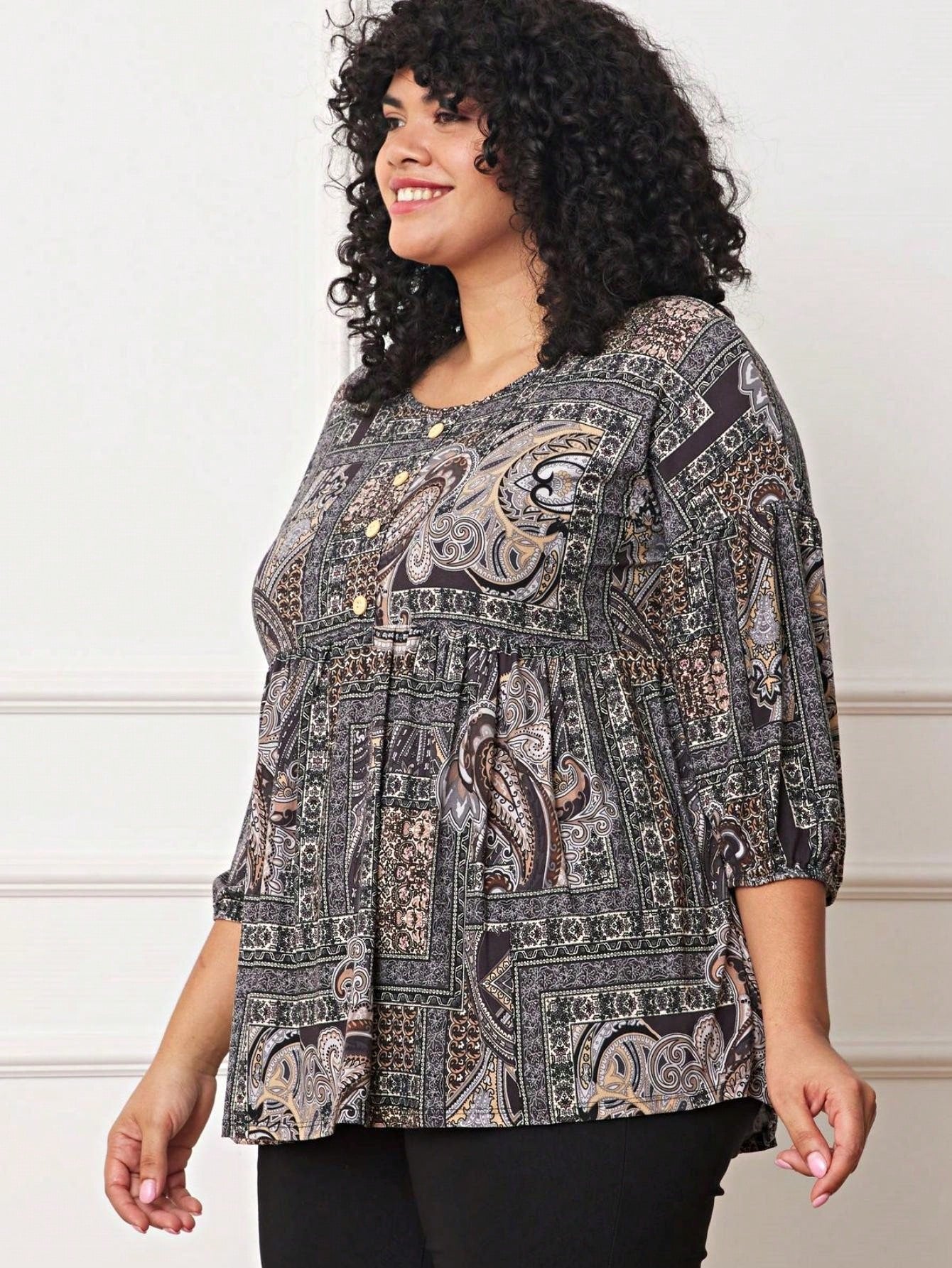 Summer/Spring Ditsy Floral Patch Work Bishop Lantern Sleeve Crew Neck Cute Baby Doll Top Blouse With Button Accent Breathable, Plus Extended Size