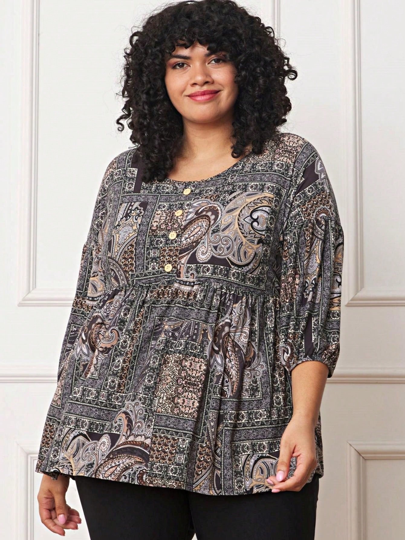 Summer/Spring Ditsy Floral Patch Work Bishop Lantern Sleeve Crew Neck Cute Baby Doll Top Blouse With Button Accent Breathable, Plus Extended Size