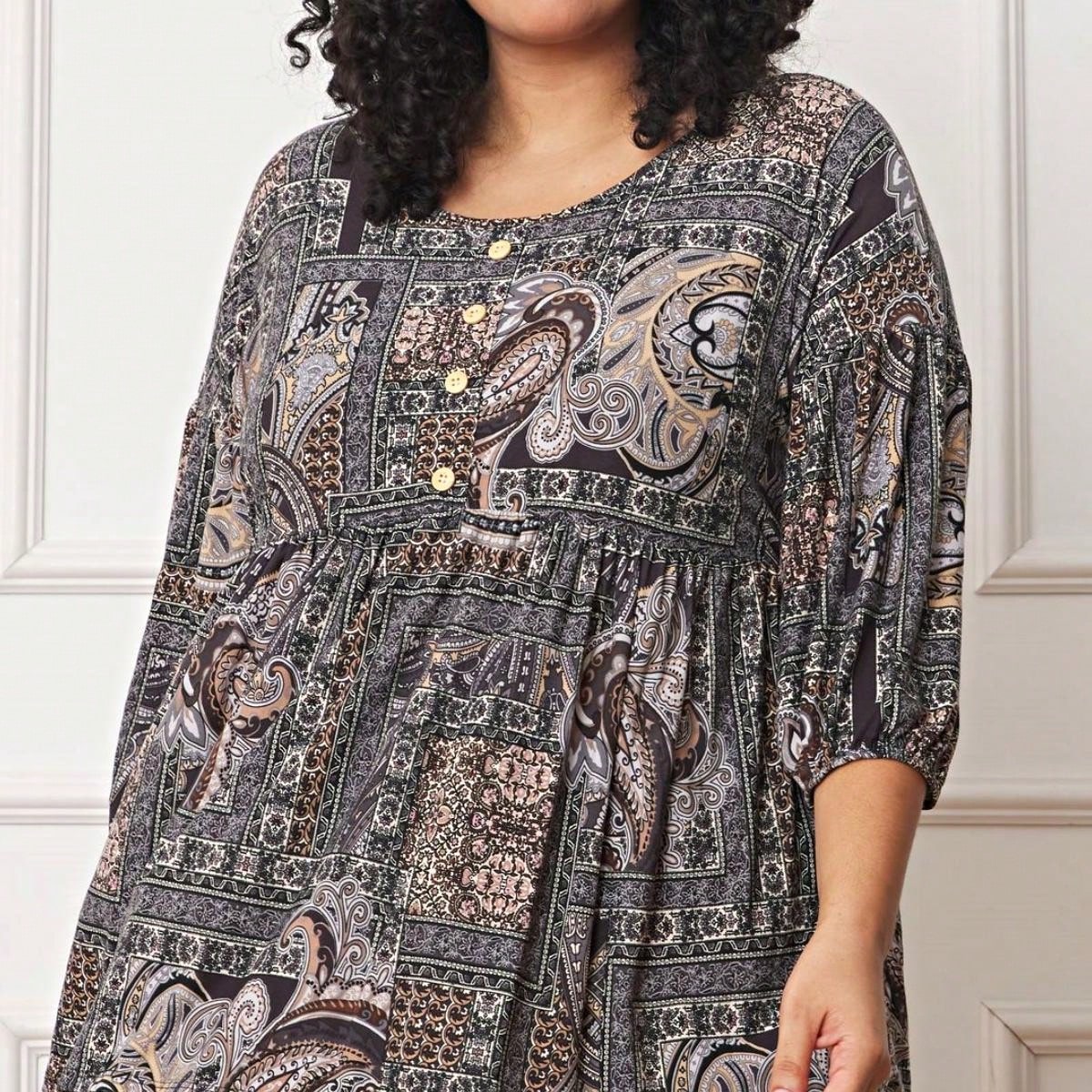 Summer/Spring Ditsy Floral Patch Work Bishop Lantern Sleeve Crew Neck Cute Baby Doll Top Blouse With Button Accent Breathable, Plus Extended Size