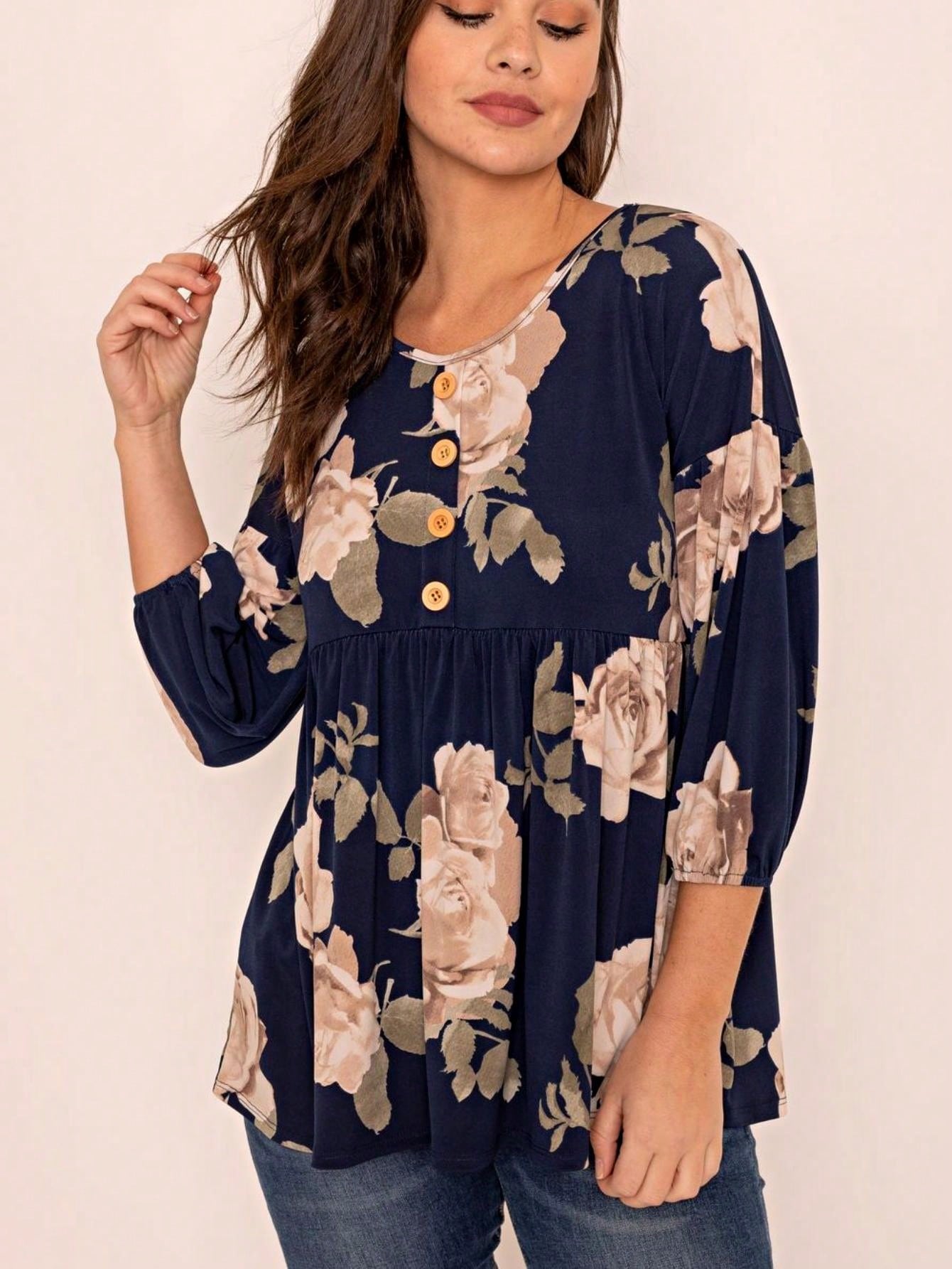 Summer/Spring Ditsy Floral Patch Work Bishop Lantern Sleeve Crew Neck Cute Baby Doll Top Blouse With Button Accent Breathable, Plus Extended Size