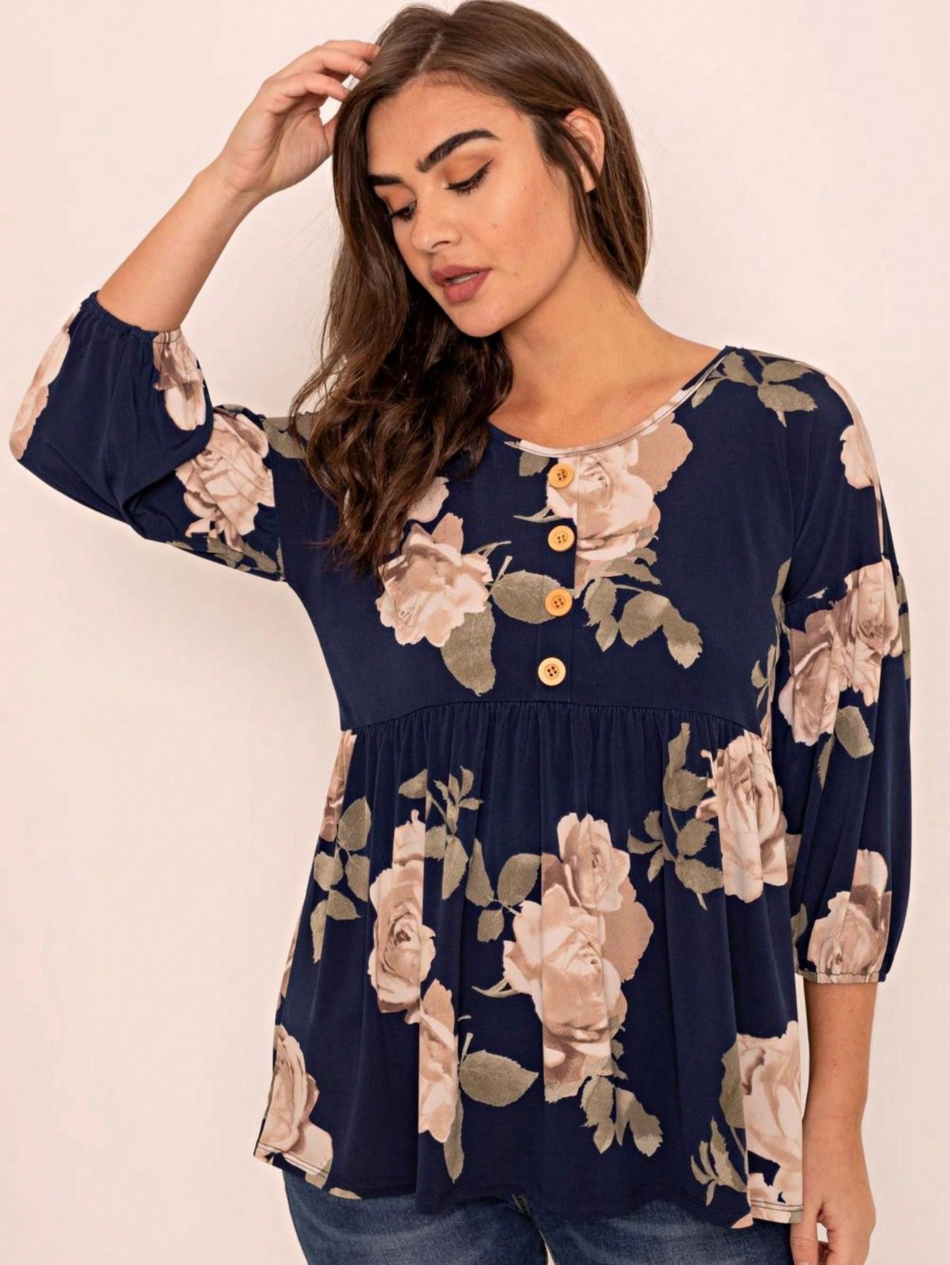 Summer/Spring Ditsy Floral Patch Work Bishop Lantern Sleeve Crew Neck Cute Baby Doll Top Blouse With Button Accent Breathable, Plus Extended Size