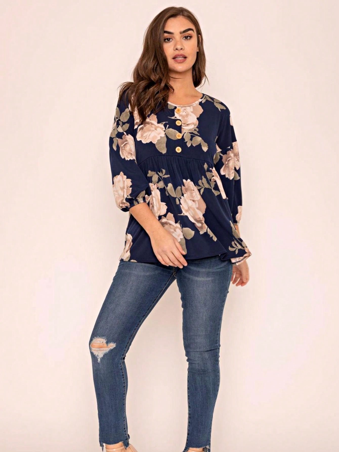 Summer/Spring Ditsy Floral Patch Work Bishop Lantern Sleeve Crew Neck Cute Baby Doll Top Blouse With Button Accent Breathable, Plus Extended Size