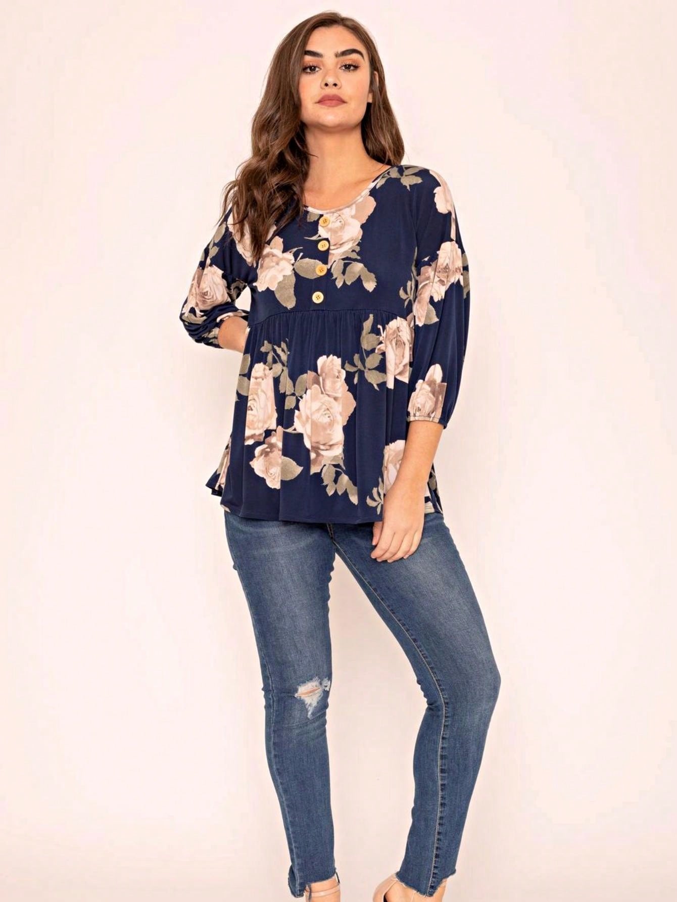 Summer/Spring Ditsy Floral Patch Work Bishop Lantern Sleeve Crew Neck Cute Baby Doll Top Blouse With Button Accent Breathable, Plus Extended Size