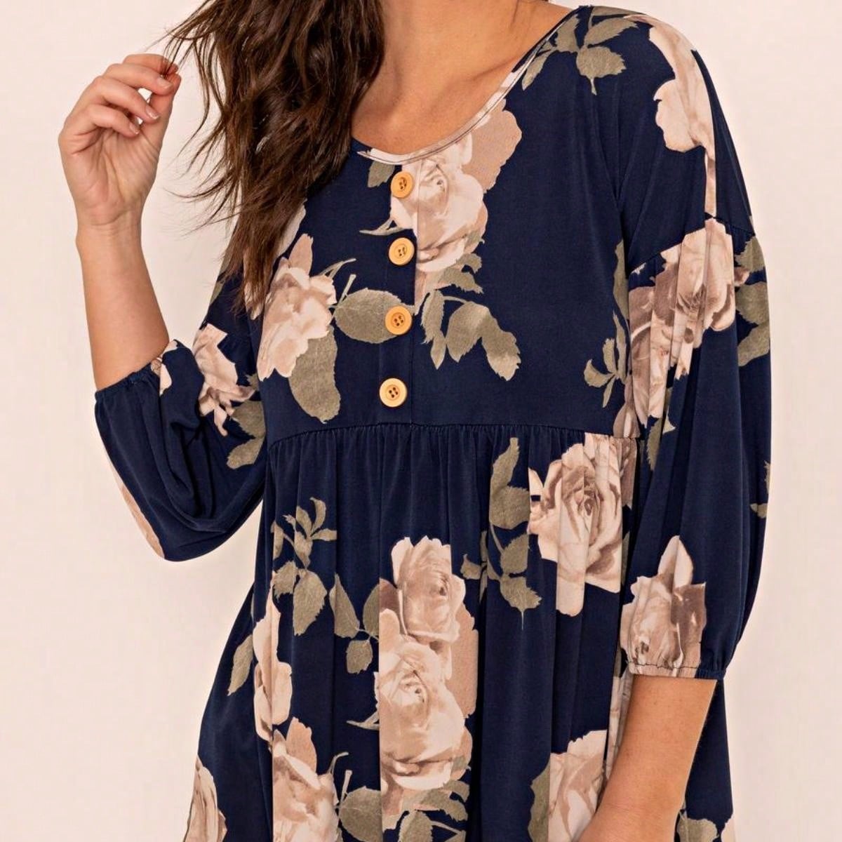 Summer/Spring Ditsy Floral Patch Work Bishop Lantern Sleeve Crew Neck Cute Baby Doll Top Blouse With Button Accent Breathable, Plus Extended Size