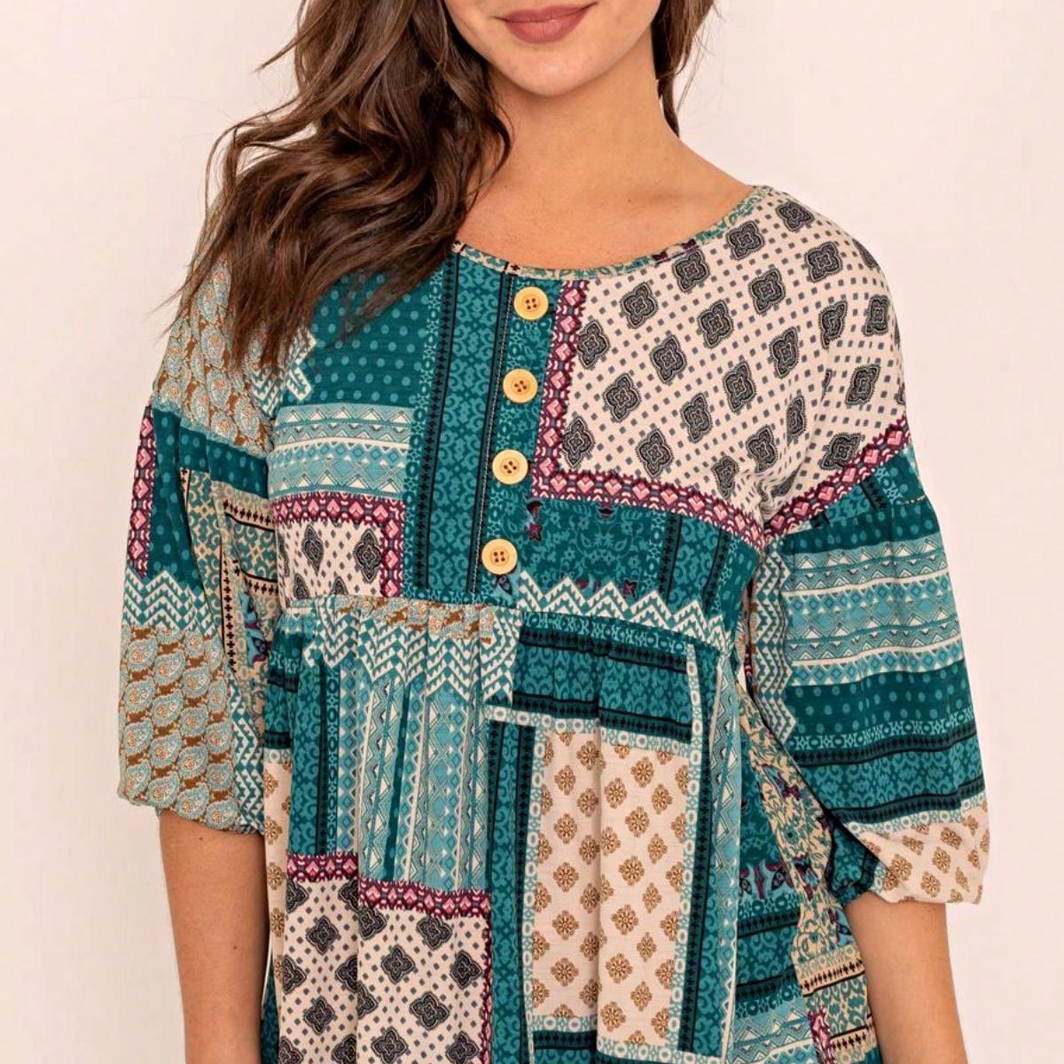 Summer/Spring Ditsy Floral Patch Work Bishop Lantern Sleeve Crew Neck Cute Baby Doll Top Blouse With Button Accent Breathable, Plus Extended Size