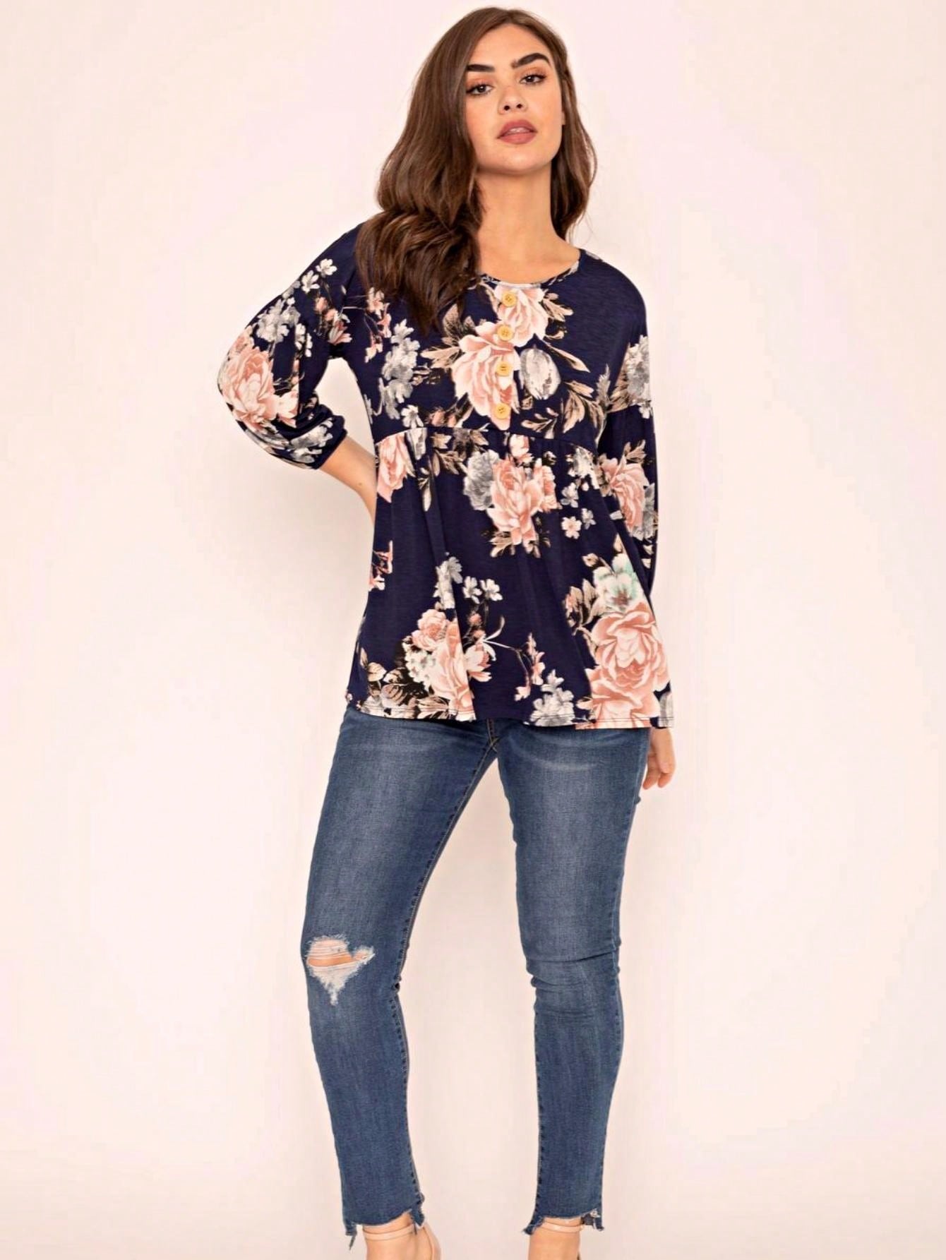 Summer/Spring Ditsy Floral Patch Work Bishop Lantern Sleeve Crew Neck Cute Baby Doll Top Blouse With Button Accent Breathable, Plus Extended Size