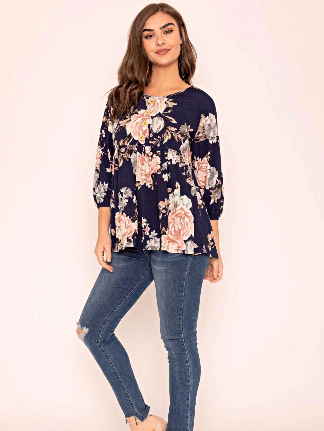 Summer/Spring Ditsy Floral Patch Work Bishop Lantern Sleeve Crew Neck Cute Baby Doll Top Blouse With Button Accent Breathable, Plus Extended Size
