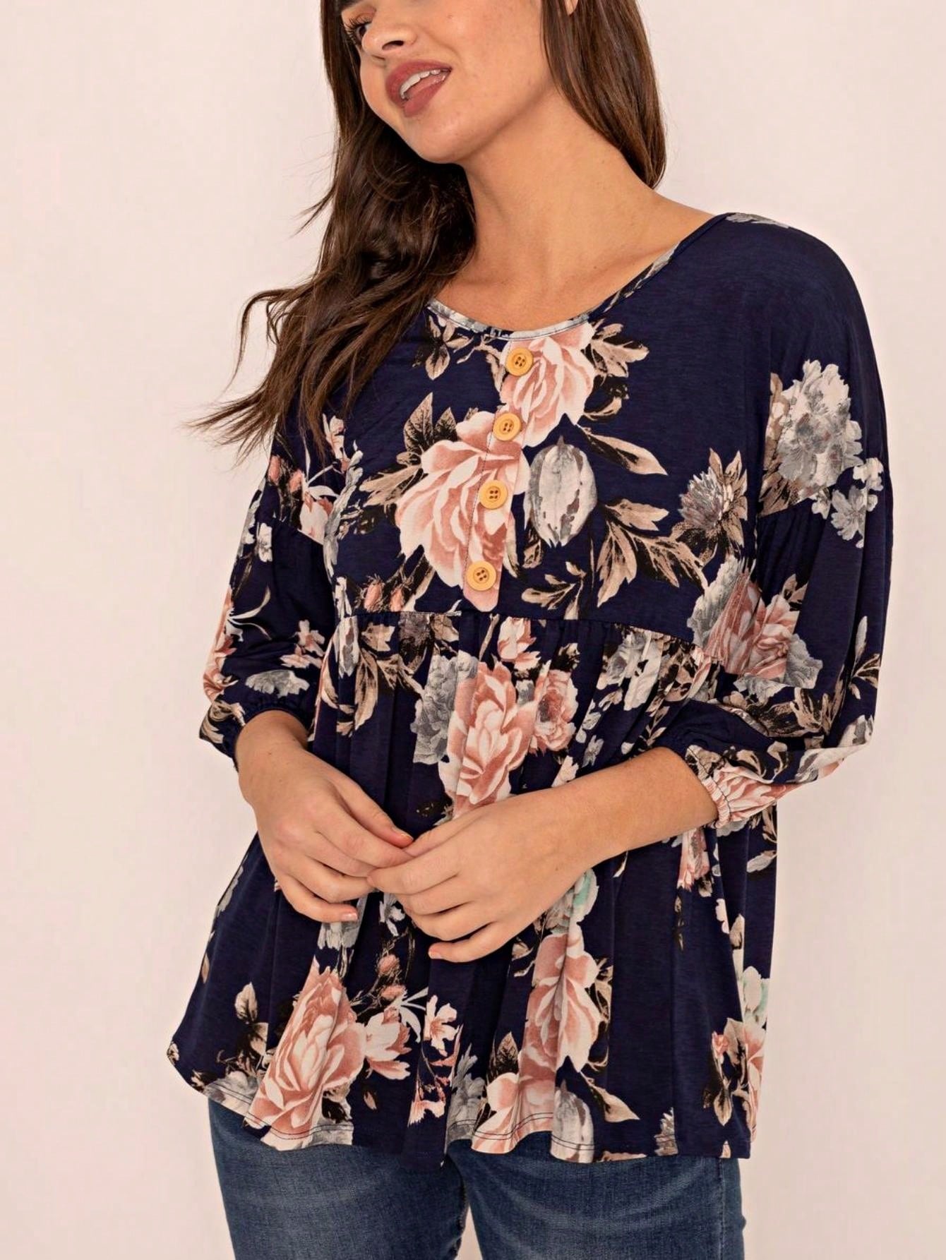 Summer/Spring Ditsy Floral Patch Work Bishop Lantern Sleeve Crew Neck Cute Baby Doll Top Blouse With Button Accent Breathable, Plus Extended Size