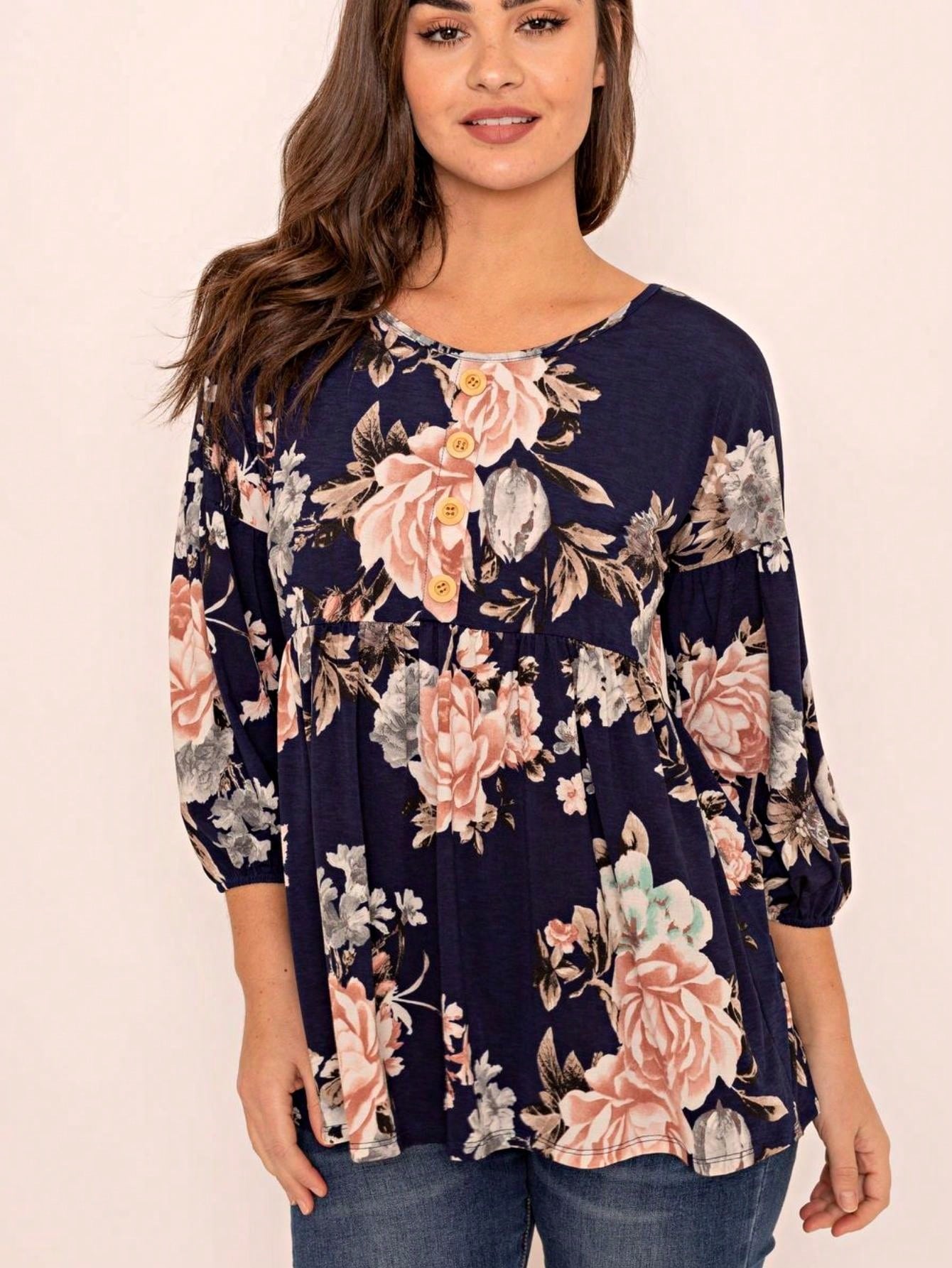 Summer/Spring Ditsy Floral Patch Work Bishop Lantern Sleeve Crew Neck Cute Baby Doll Top Blouse With Button Accent Breathable, Plus Extended Size