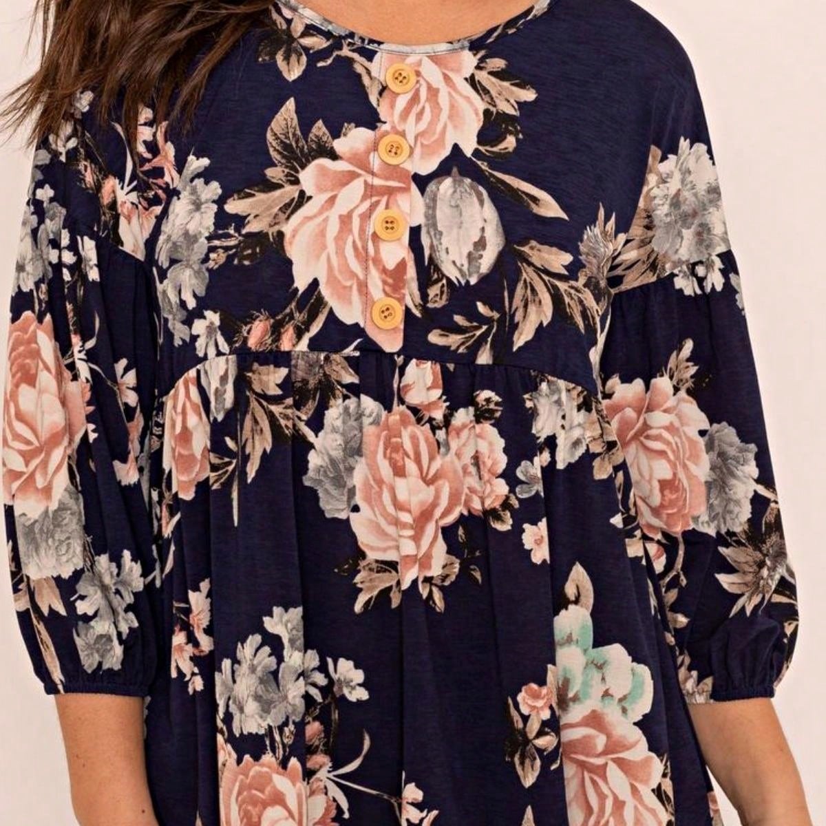 Summer/Spring Ditsy Floral Patch Work Bishop Lantern Sleeve Crew Neck Cute Baby Doll Top Blouse With Button Accent Breathable, Plus Extended Size