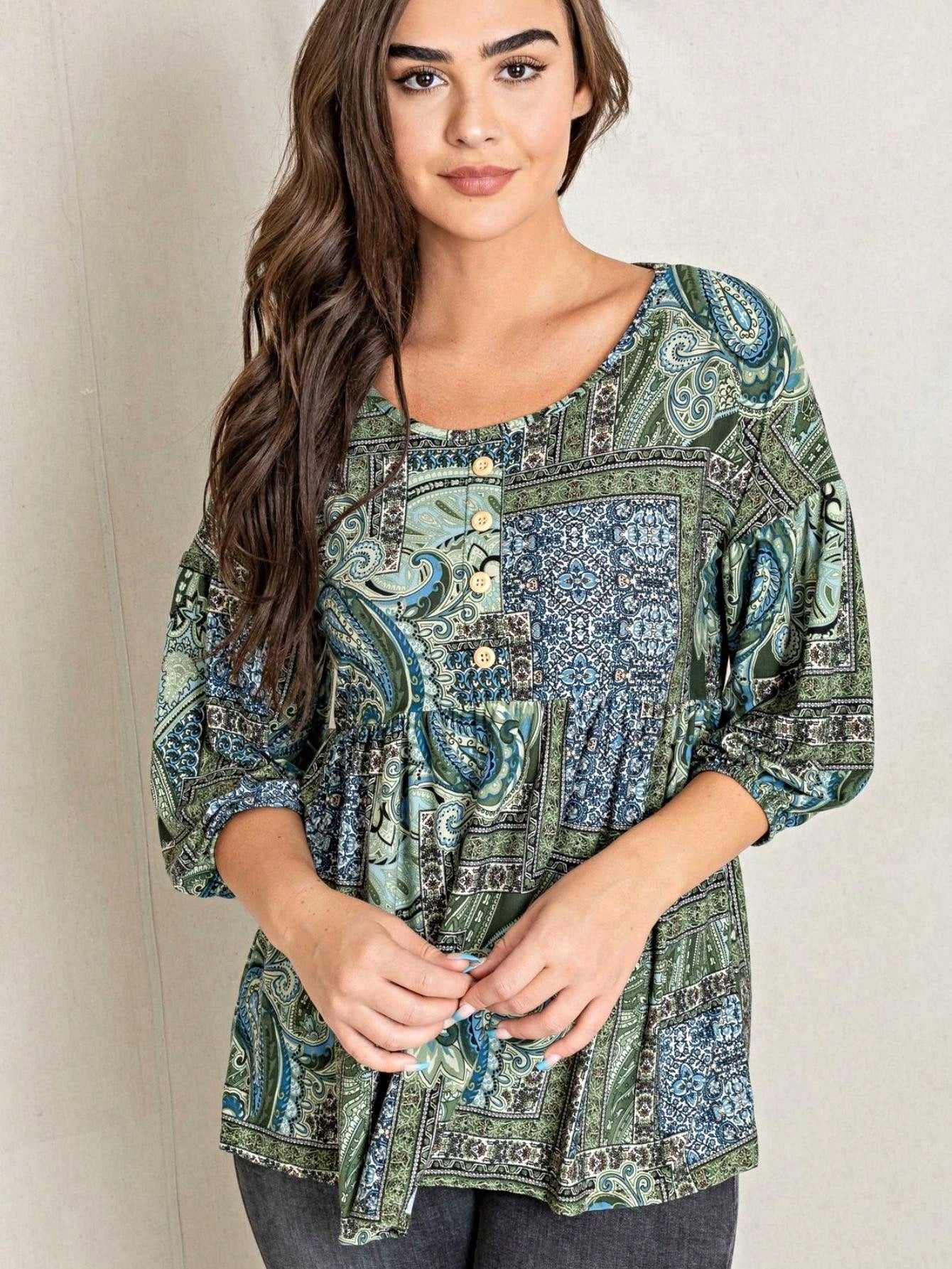 Summer/Spring Ditsy Floral Patch Work Bishop Lantern Sleeve Crew Neck Cute Baby Doll Top Blouse With Button Accent Breathable, Plus Extended Size