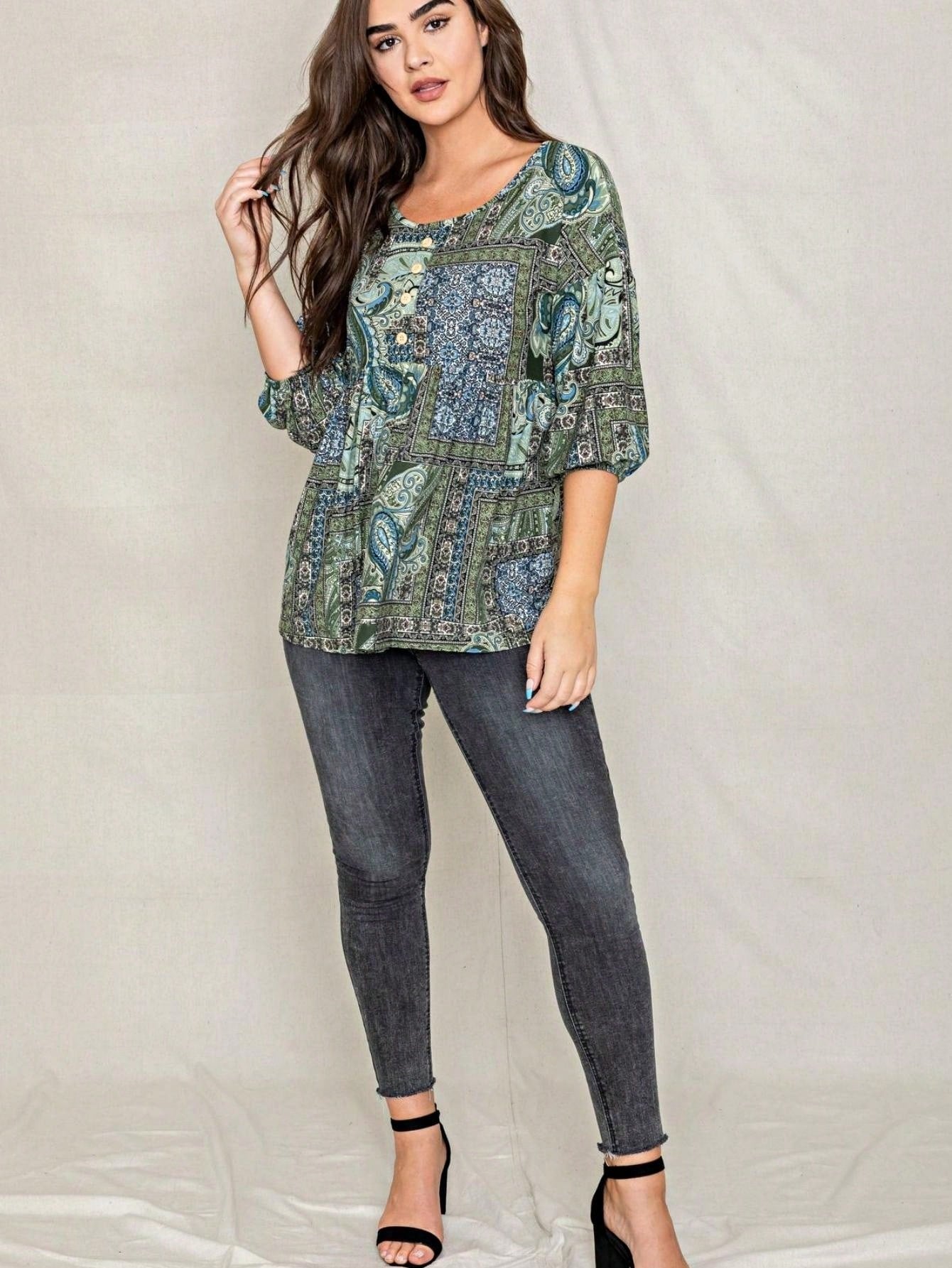 Summer/Spring Ditsy Floral Patch Work Bishop Lantern Sleeve Crew Neck Cute Baby Doll Top Blouse With Button Accent Breathable, Plus Extended Size