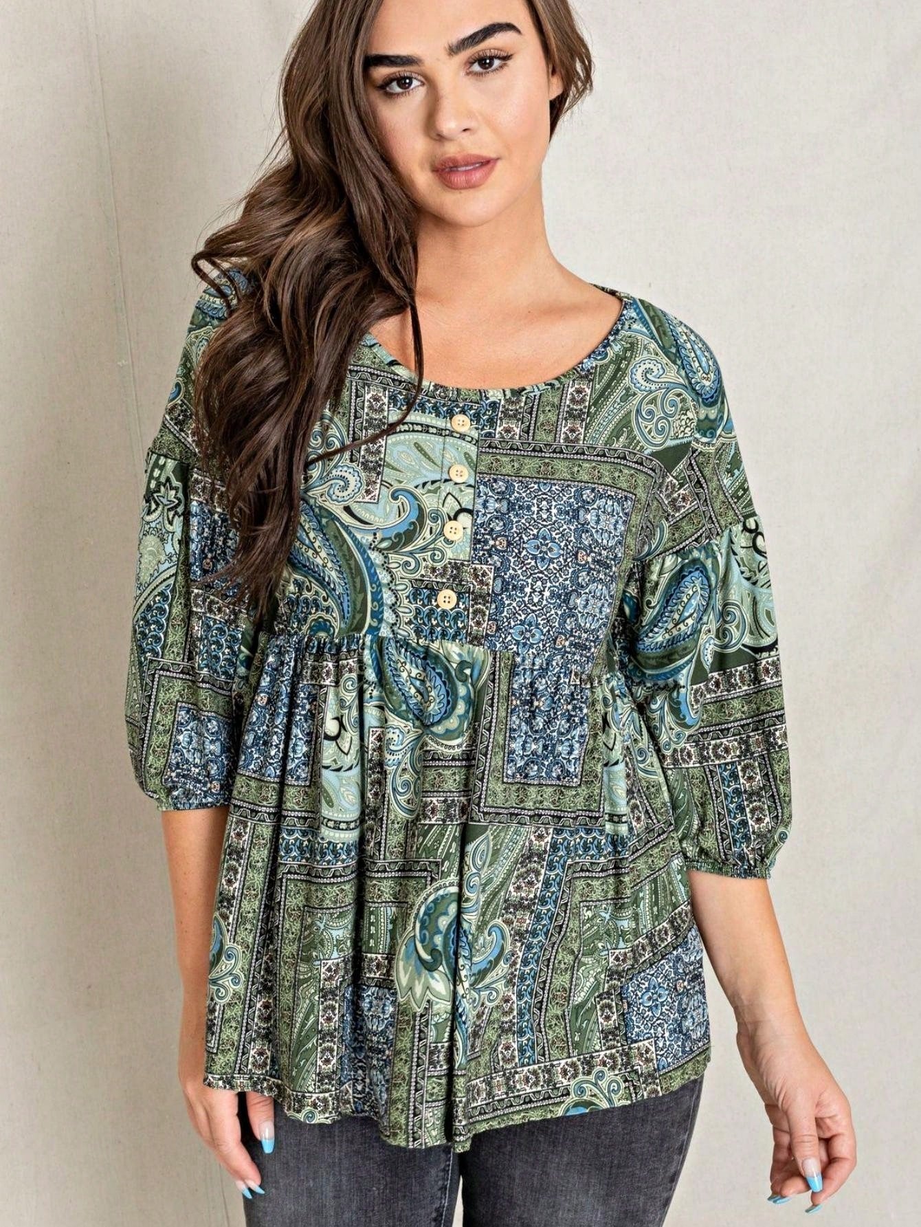 Summer/Spring Ditsy Floral Patch Work Bishop Lantern Sleeve Crew Neck Cute Baby Doll Top Blouse With Button Accent Breathable, Plus Extended Size