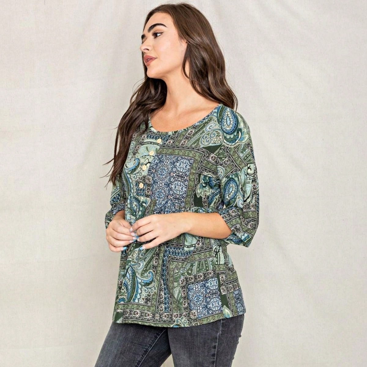 Summer/Spring Ditsy Floral Patch Work Bishop Lantern Sleeve Crew Neck Cute Baby Doll Top Blouse With Button Accent Breathable, Plus Extended Size
