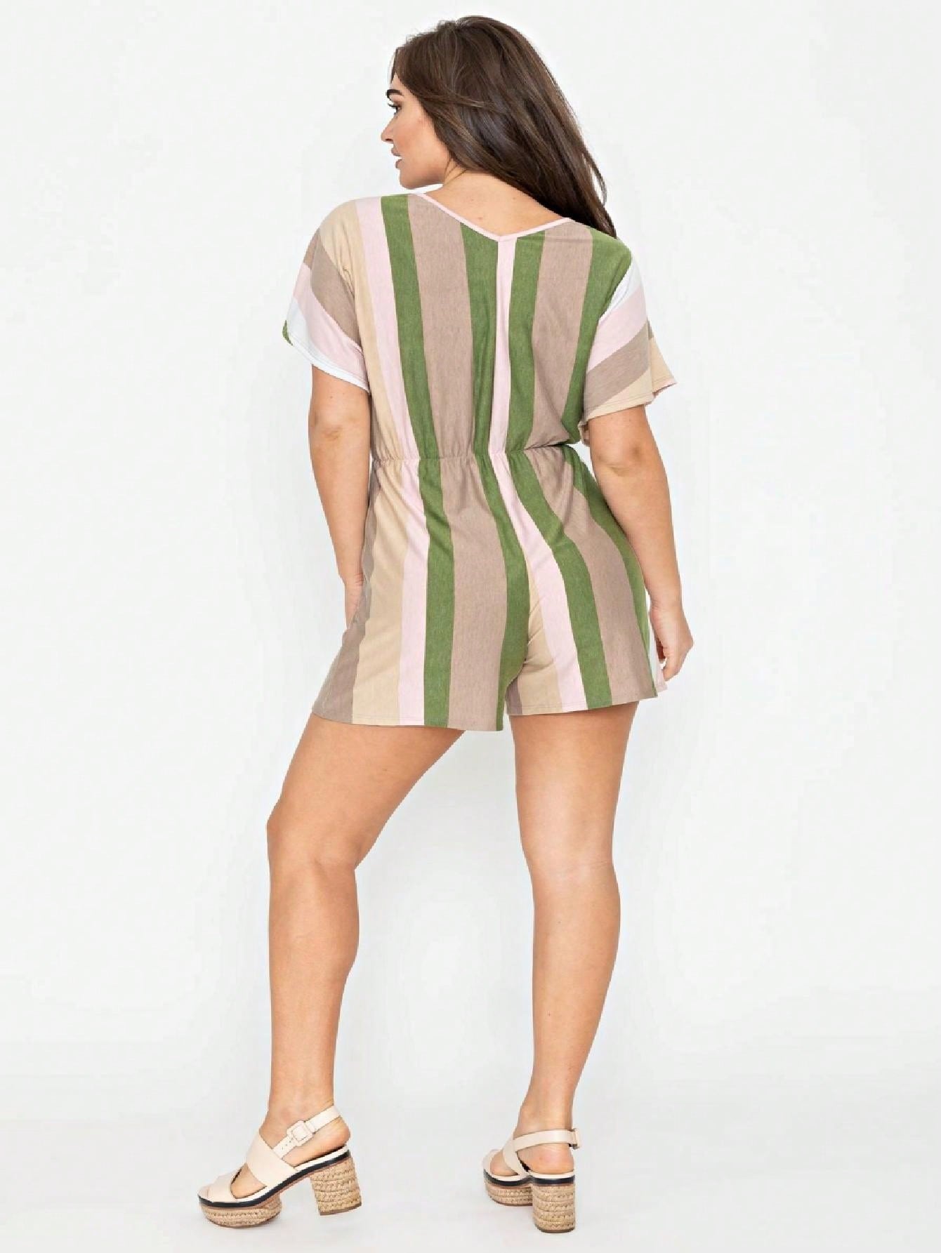 Boho Casual Orange Stripe Olive Green Leaf Tropical Drawstring Short Romper Small To 3 XL PLUS