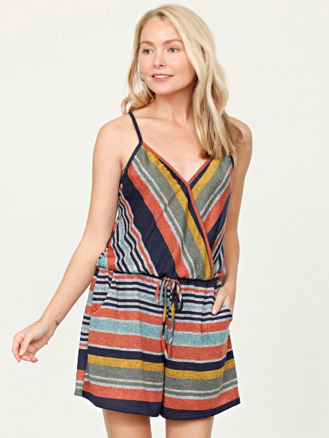 Boho Casual Orange Green Blue Stripe Tank Cami Spaghetti Strap Romper Small To 3 XL PLUS