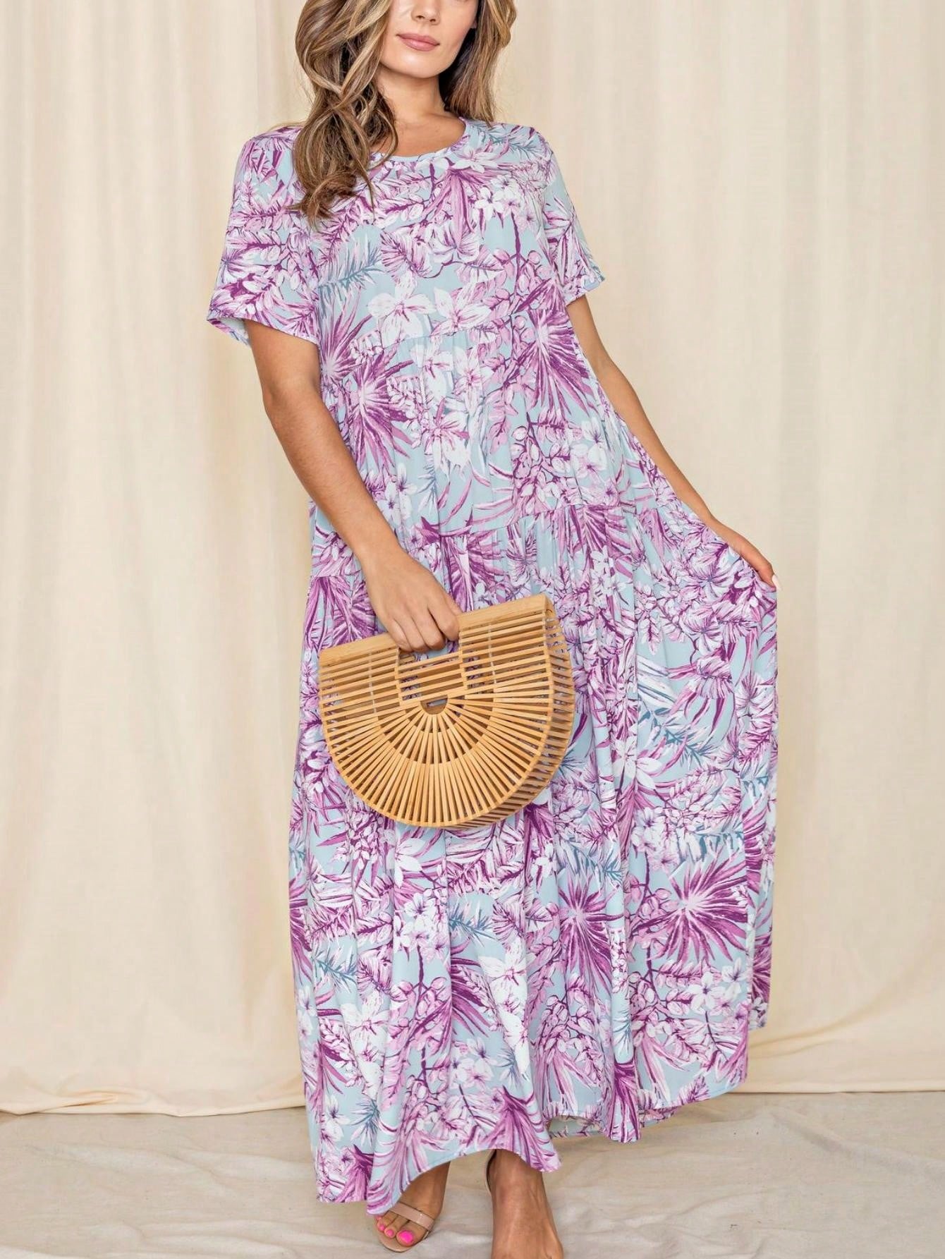 Tiered Tropical Short Sleeve Leaves Floral  Maxi Long Woven Dress