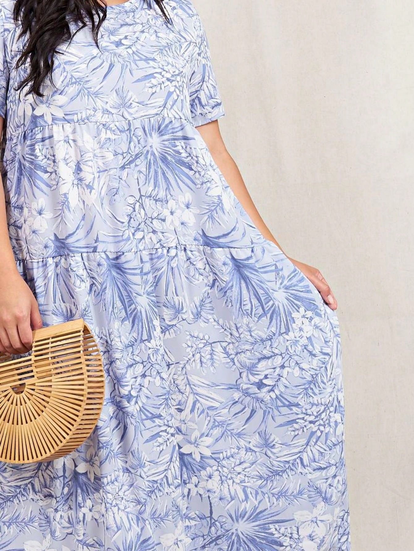 Tiered Tropical Short Sleeve Leaves Floral  Maxi Long Woven Dress