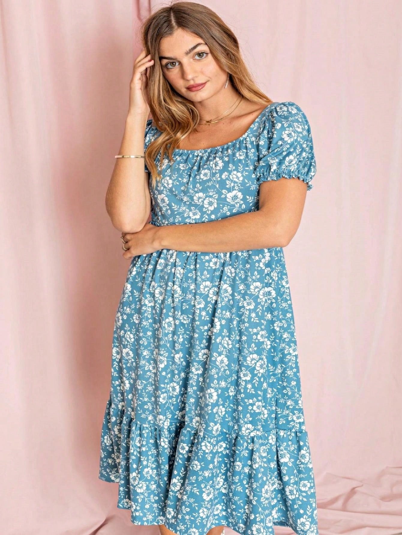 Boho Retro Ditsy Floral Flutter Puff Sleeve Square Neck Tiered Ruffle Tea Midi Length Classic Bridgerton Dress