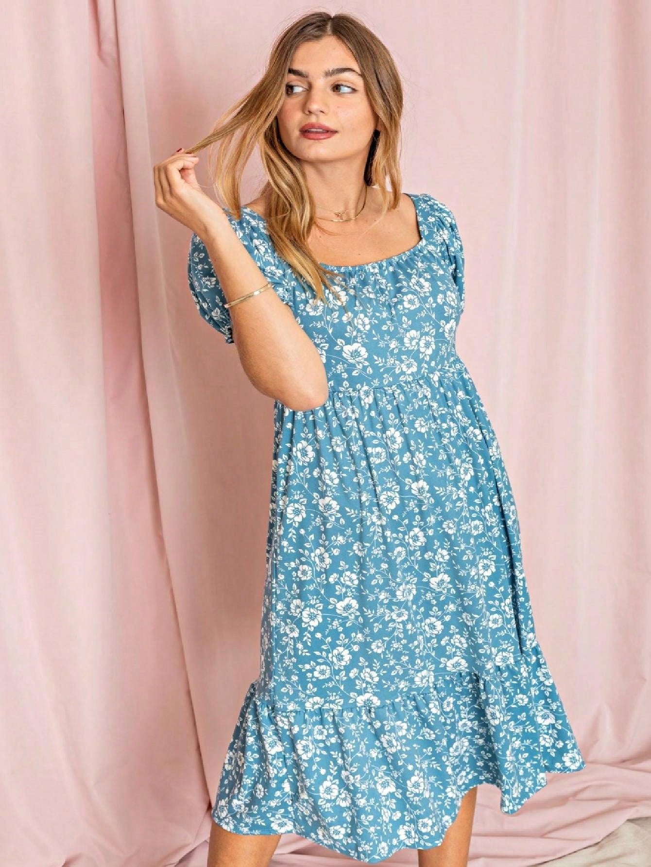 Boho Retro Ditsy Floral Flutter Puff Sleeve Square Neck Tiered Ruffle Tea Midi Length Classic Bridgerton Dress