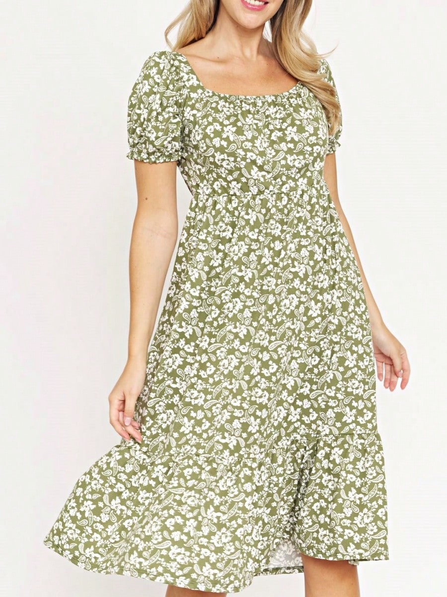 Boho Retro Ditsy Floral Flutter Puff Sleeve Square Neck Tiered Ruffle Tea Midi Length Classic Bridgerton Dress