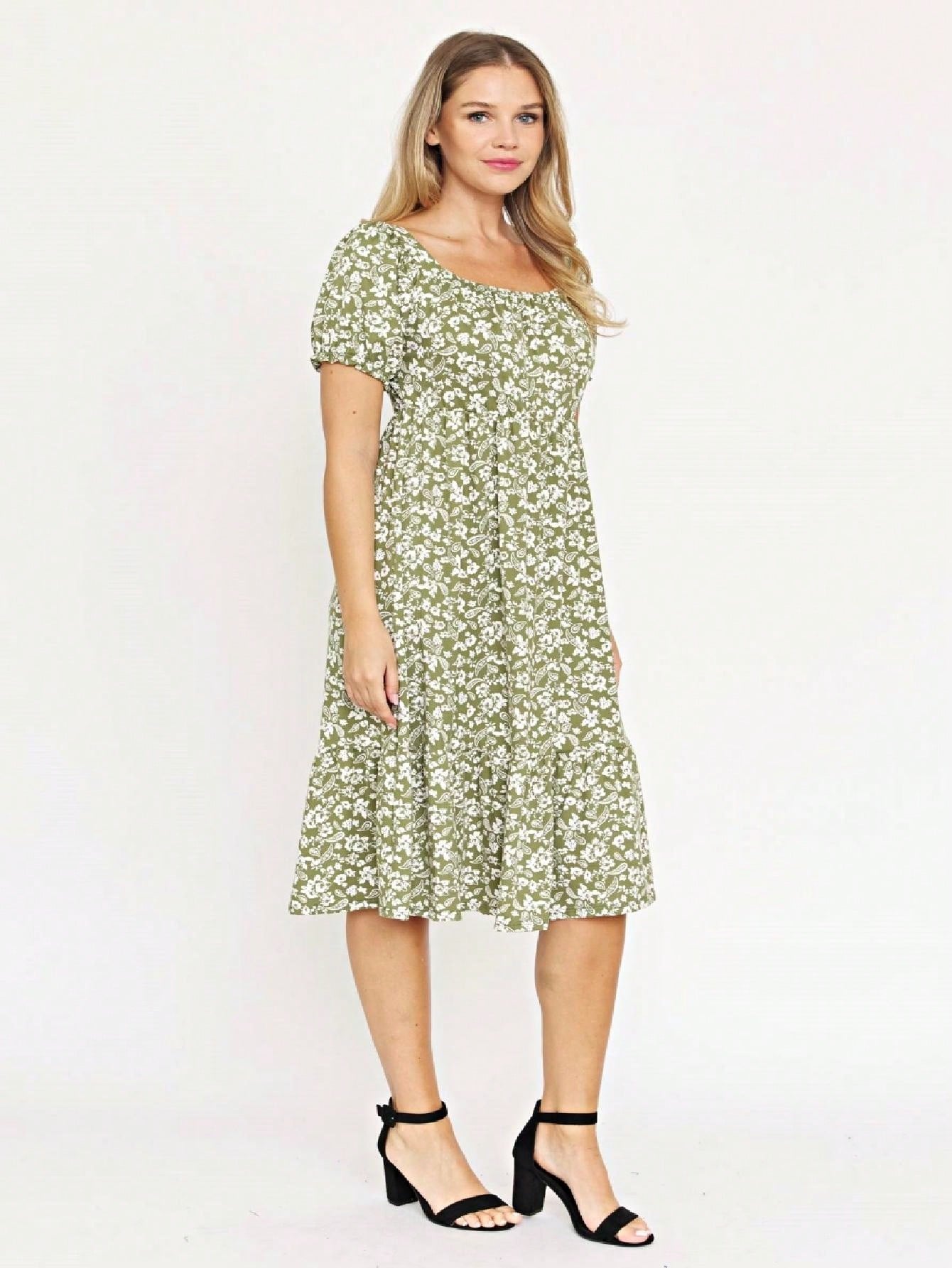 Boho Retro Ditsy Floral Flutter Puff Sleeve Square Neck Tiered Ruffle Tea Midi Length Classic Bridgerton Dress