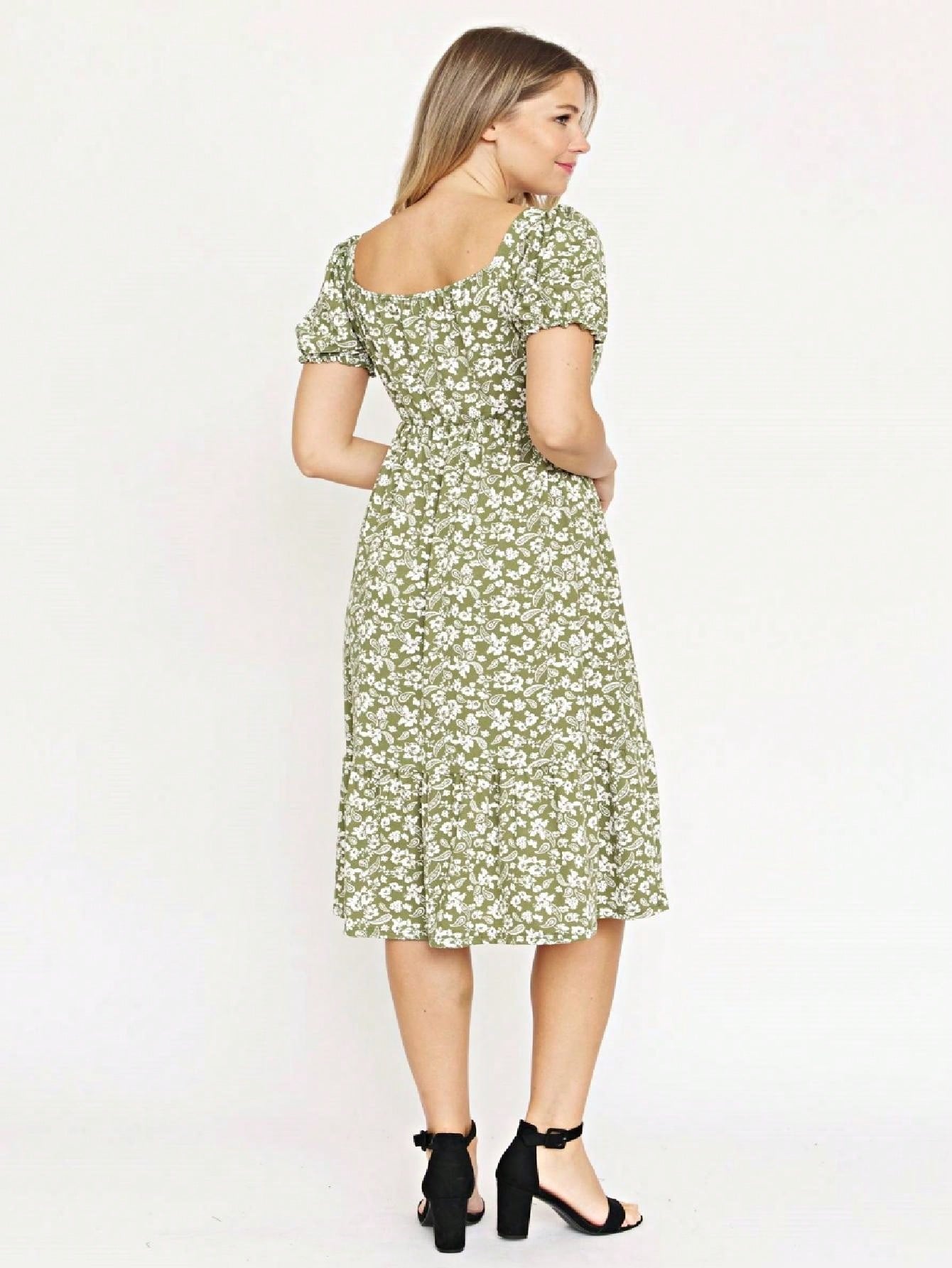 Boho Retro Ditsy Floral Flutter Puff Sleeve Square Neck Tiered Ruffle Tea Midi Length Classic Bridgerton Dress