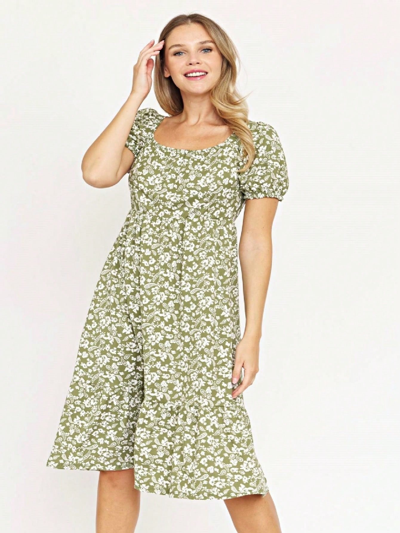 Boho Retro Ditsy Floral Flutter Puff Sleeve Square Neck Tiered Ruffle Tea Midi Length Classic Bridgerton Dress