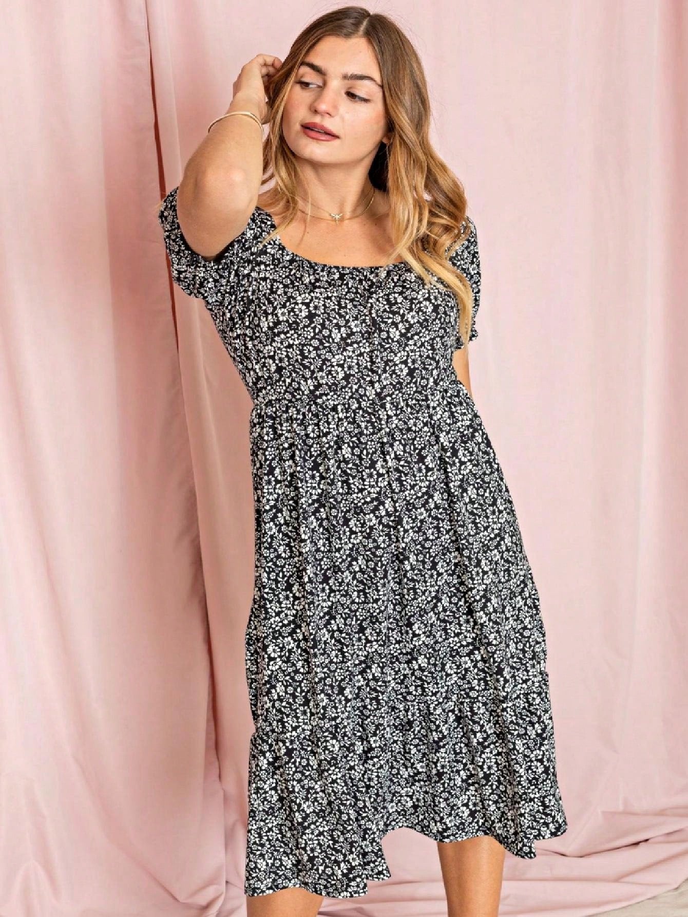 Boho Retro Ditsy Floral Flutter Puff Sleeve Square Neck Tiered Ruffle Tea Midi Length Classic Bridgerton Dress