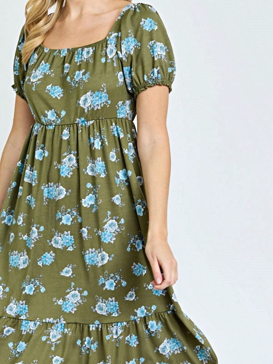Boho Retro Ditsy Floral Flutter Puff Sleeve Square Neck Tiered Ruffle Tea Midi Length Classic Bridgerton Dress