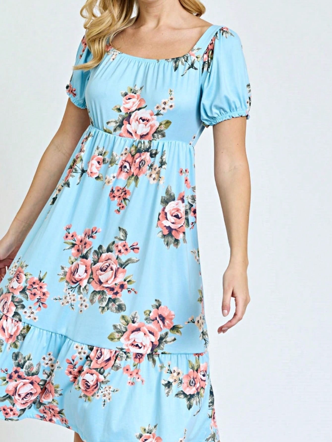 Boho Retro Ditsy Floral Flutter Puff Sleeve Square Neck Tiered Ruffle Tea Midi Length Classic Bridgerton Dress