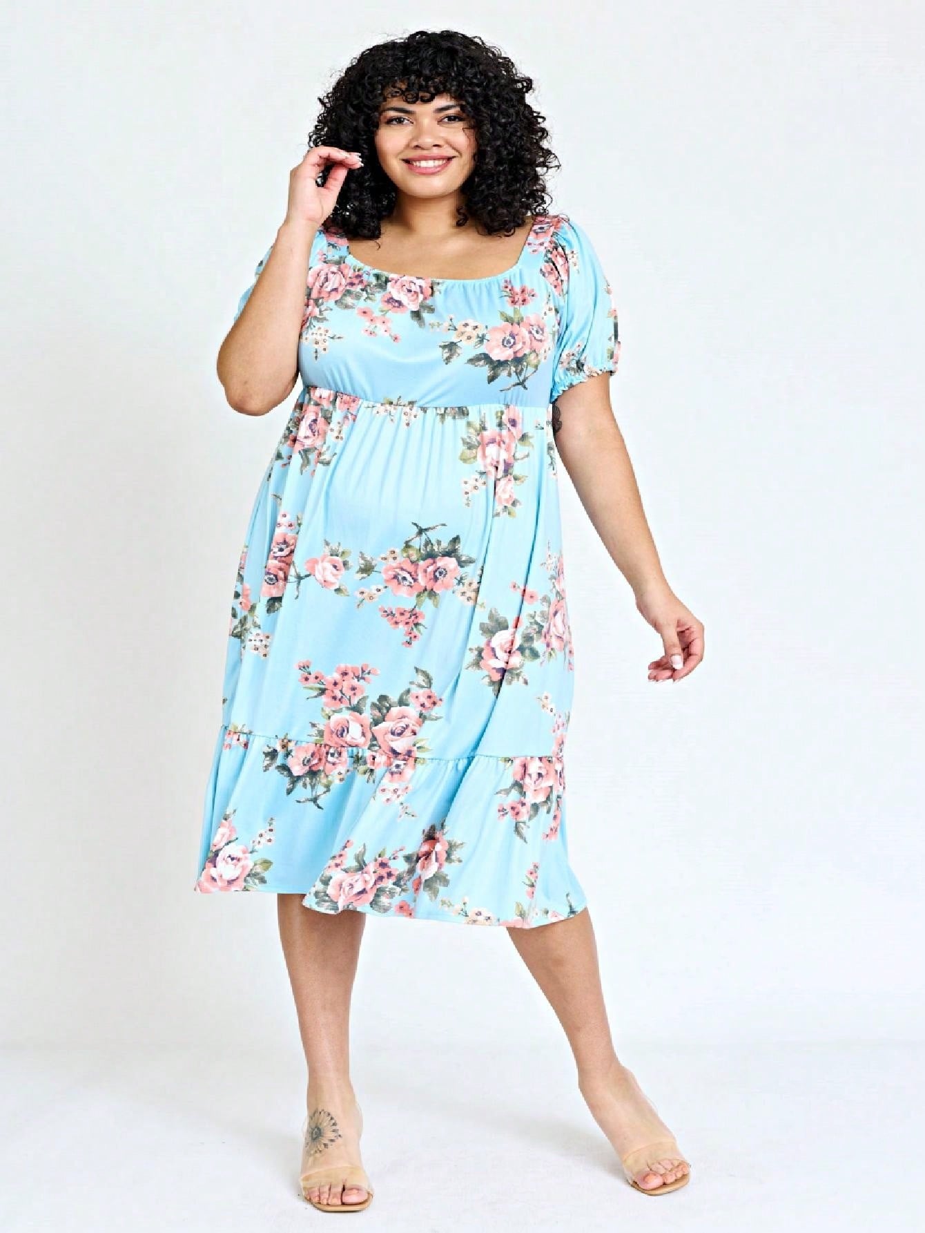Boho Retro Ditsy Floral Flutter Puff Sleeve Square Neck Tiered Ruffle Tea Midi Length Classic Bridgerton Dress
