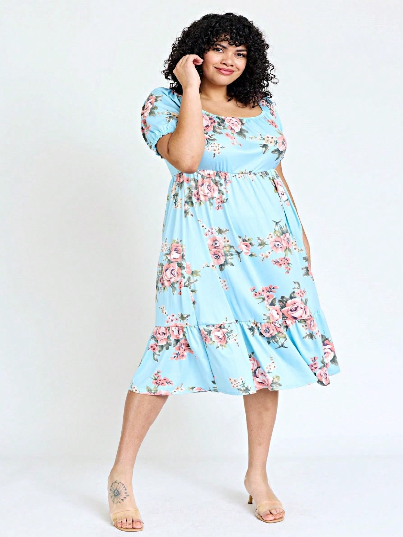 Boho Retro Ditsy Floral Flutter Puff Sleeve Square Neck Tiered Ruffle Tea Midi Length Classic Bridgerton Dress