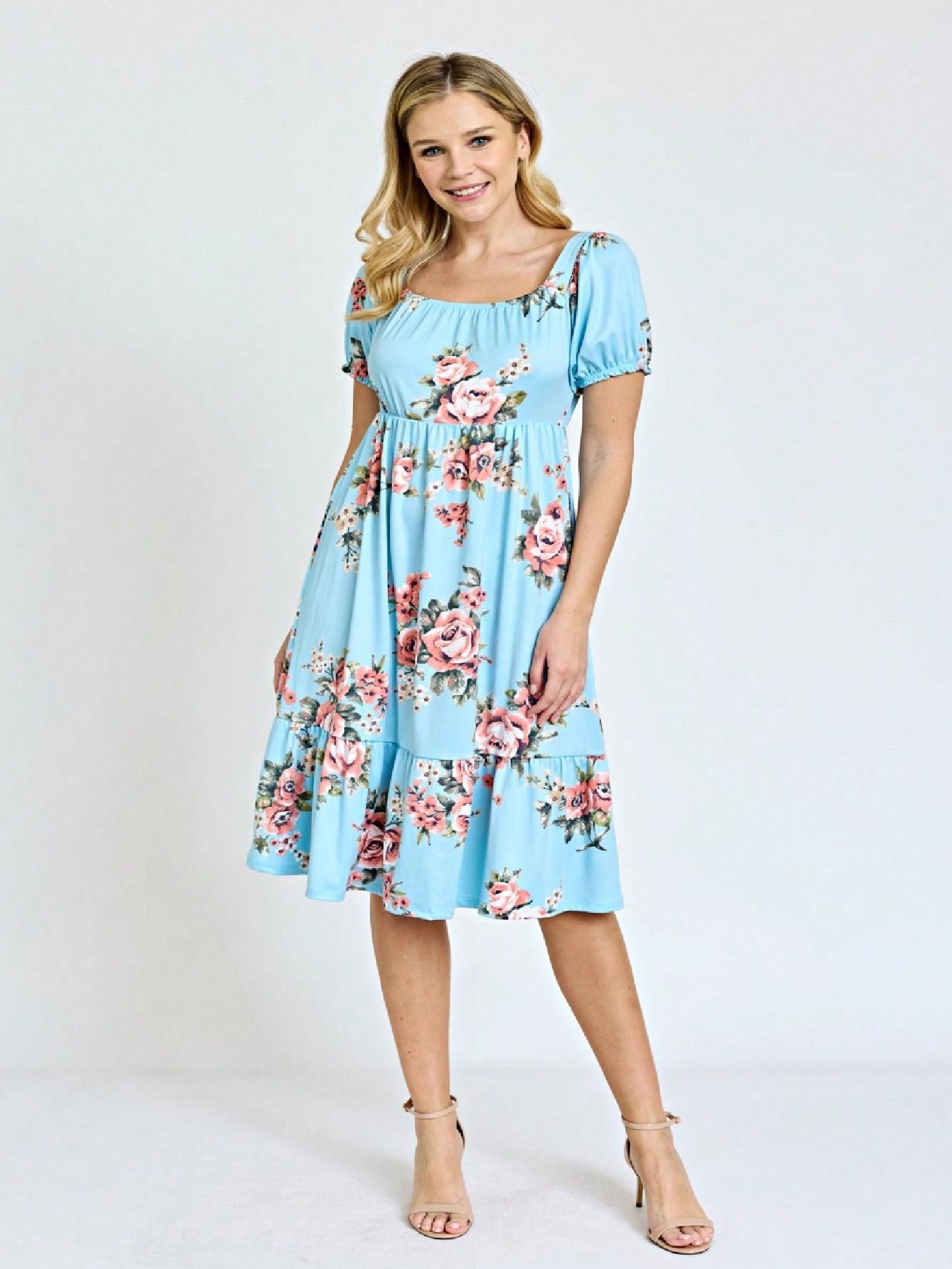 Boho Retro Ditsy Floral Flutter Puff Sleeve Square Neck Tiered Ruffle Tea Midi Length Classic Bridgerton Dress