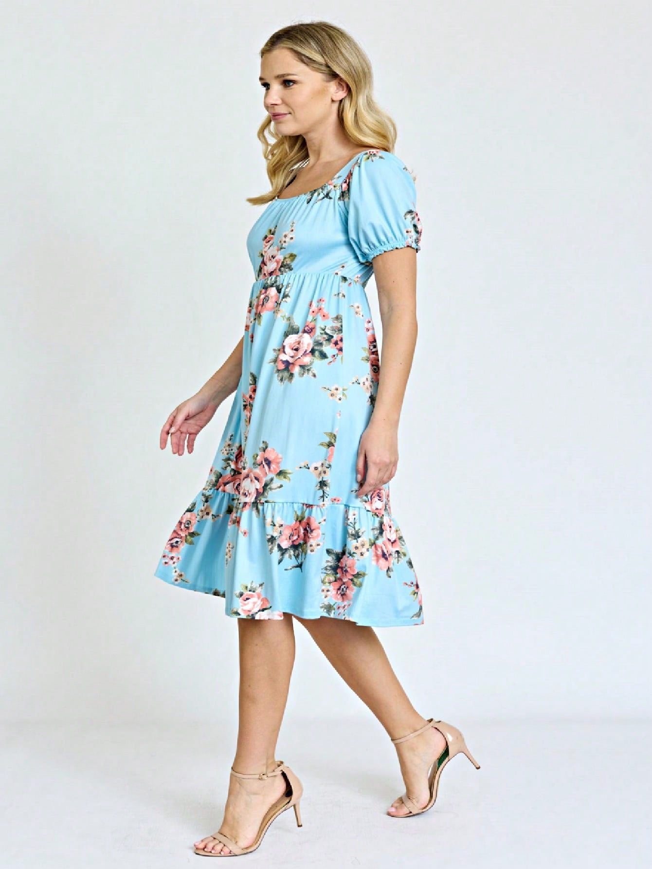 Boho Retro Ditsy Floral Flutter Puff Sleeve Square Neck Tiered Ruffle Tea Midi Length Classic Bridgerton Dress