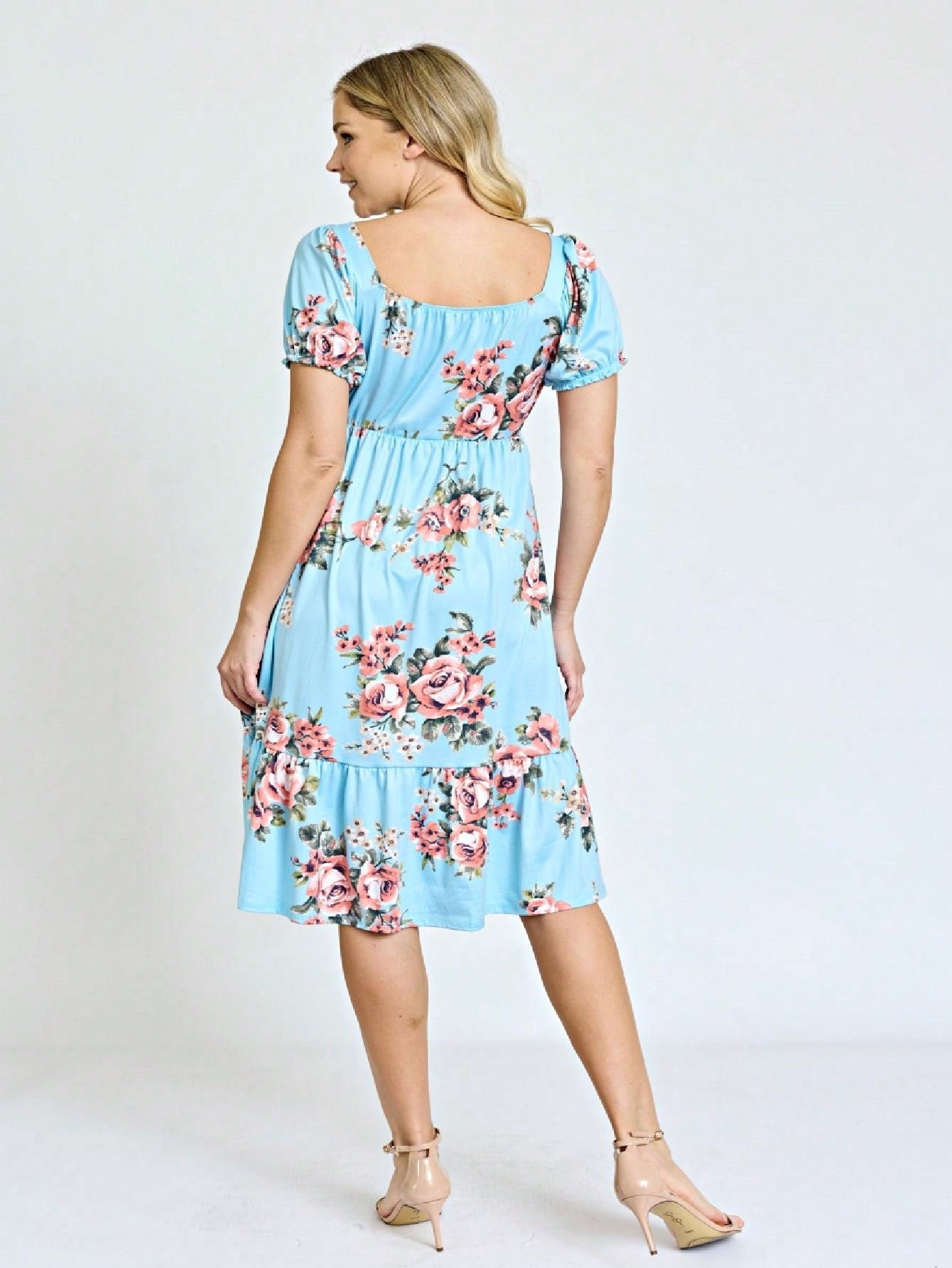 Boho Retro Ditsy Floral Flutter Puff Sleeve Square Neck Tiered Ruffle Tea Midi Length Classic Bridgerton Dress