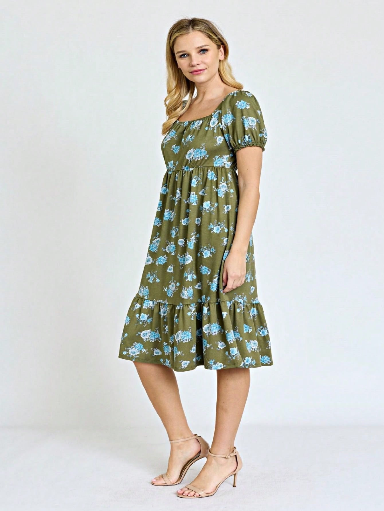 Boho Retro Ditsy Floral Flutter Puff Sleeve Square Neck Tiered Ruffle Tea Midi Length Classic Bridgerton Dress