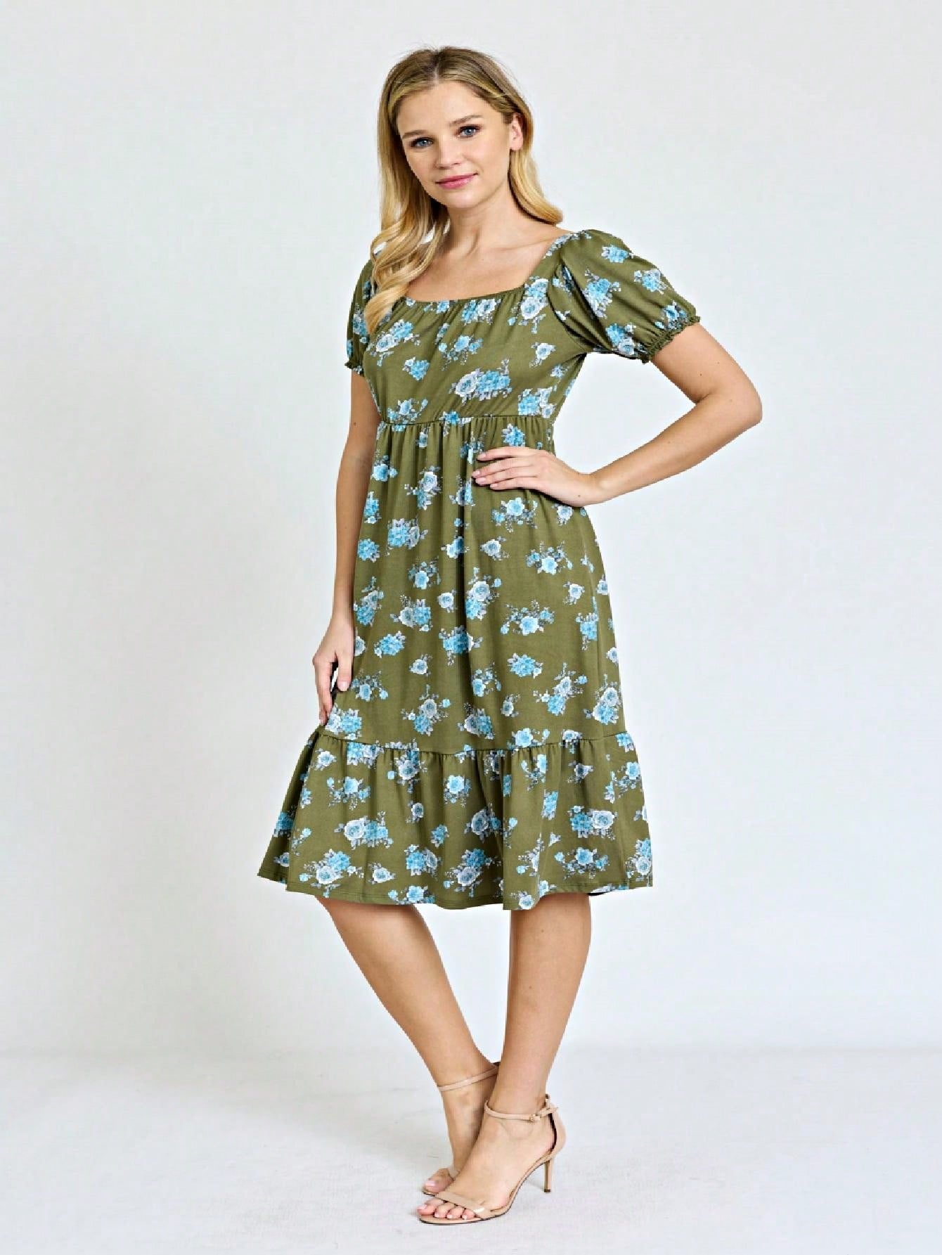 Boho Retro Ditsy Floral Flutter Puff Sleeve Square Neck Tiered Ruffle Tea Midi Length Classic Bridgerton Dress