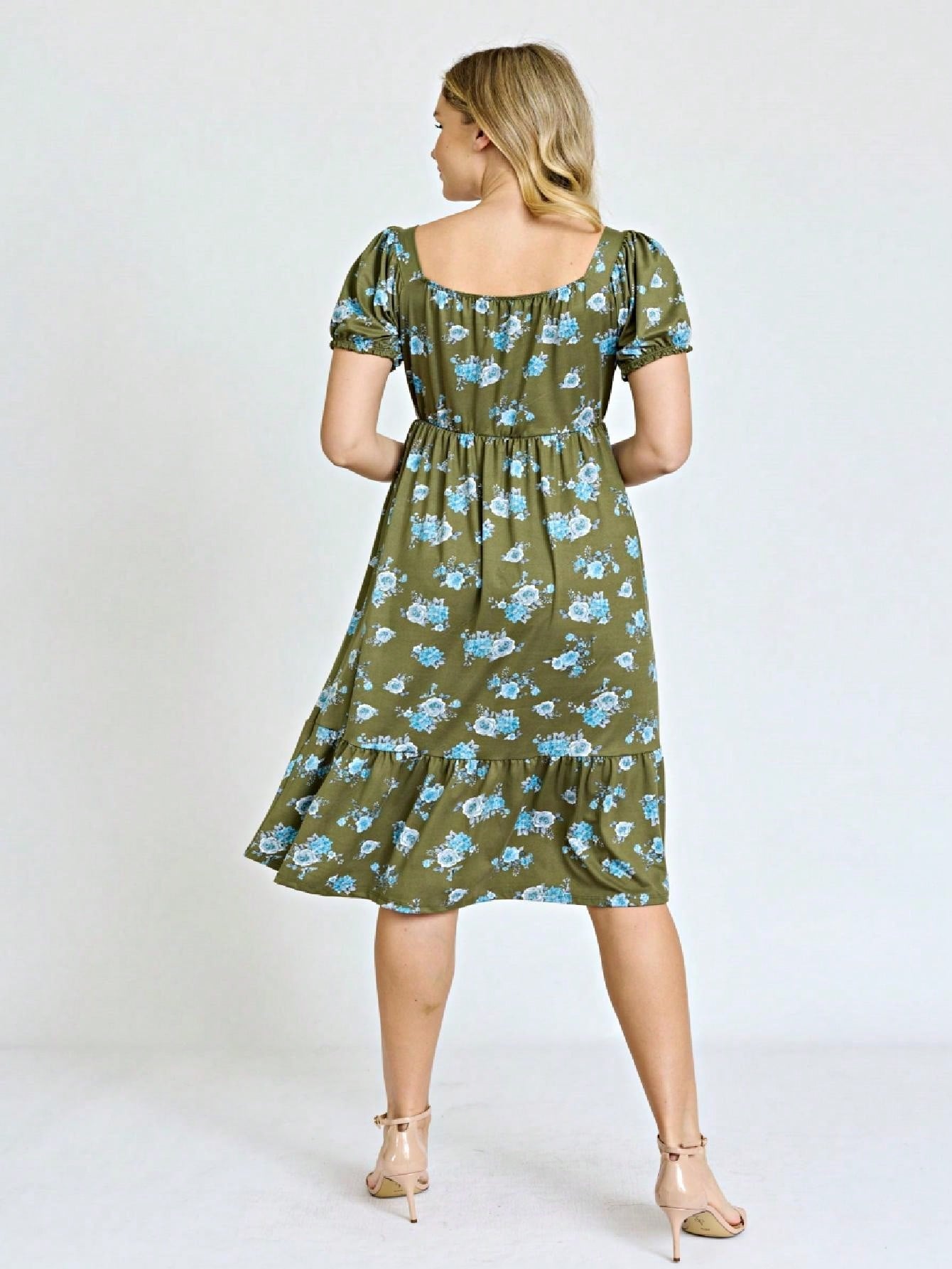 Boho Retro Ditsy Floral Flutter Puff Sleeve Square Neck Tiered Ruffle Tea Midi Length Classic Bridgerton Dress