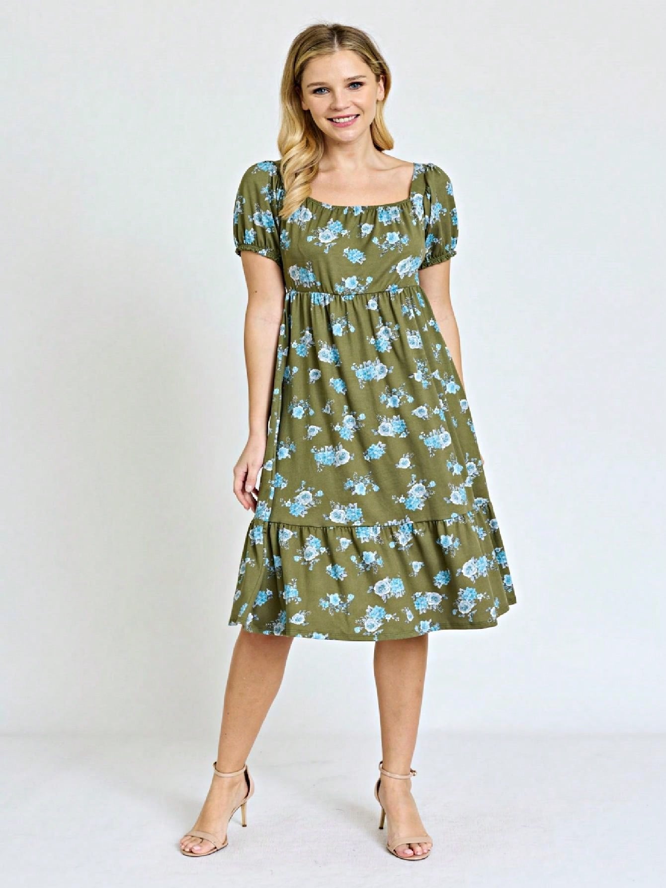 Boho Retro Ditsy Floral Flutter Puff Sleeve Square Neck Tiered Ruffle Tea Midi Length Classic Bridgerton Dress