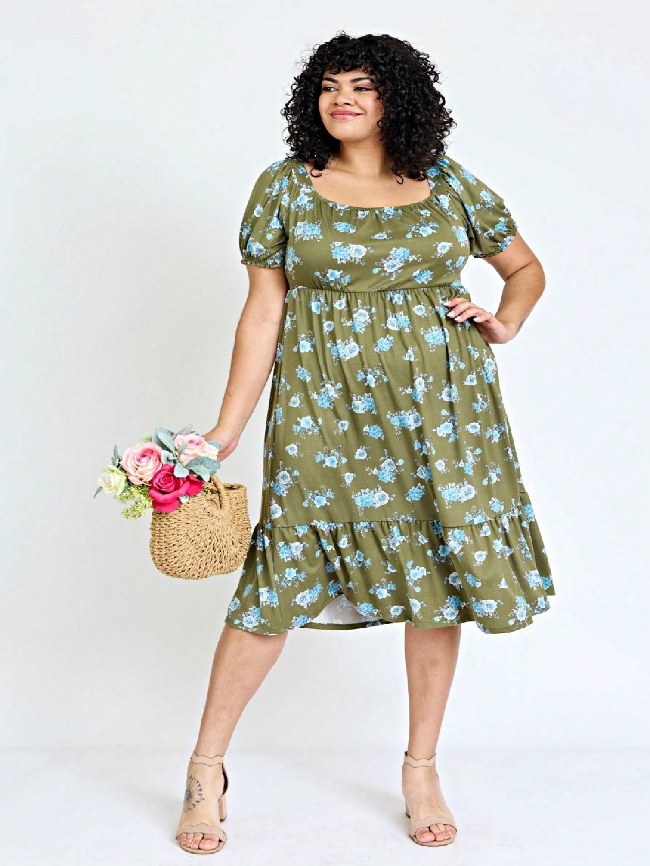 Boho Retro Ditsy Floral Flutter Puff Sleeve Square Neck Tiered Ruffle Tea Midi Length Classic Bridgerton Dress