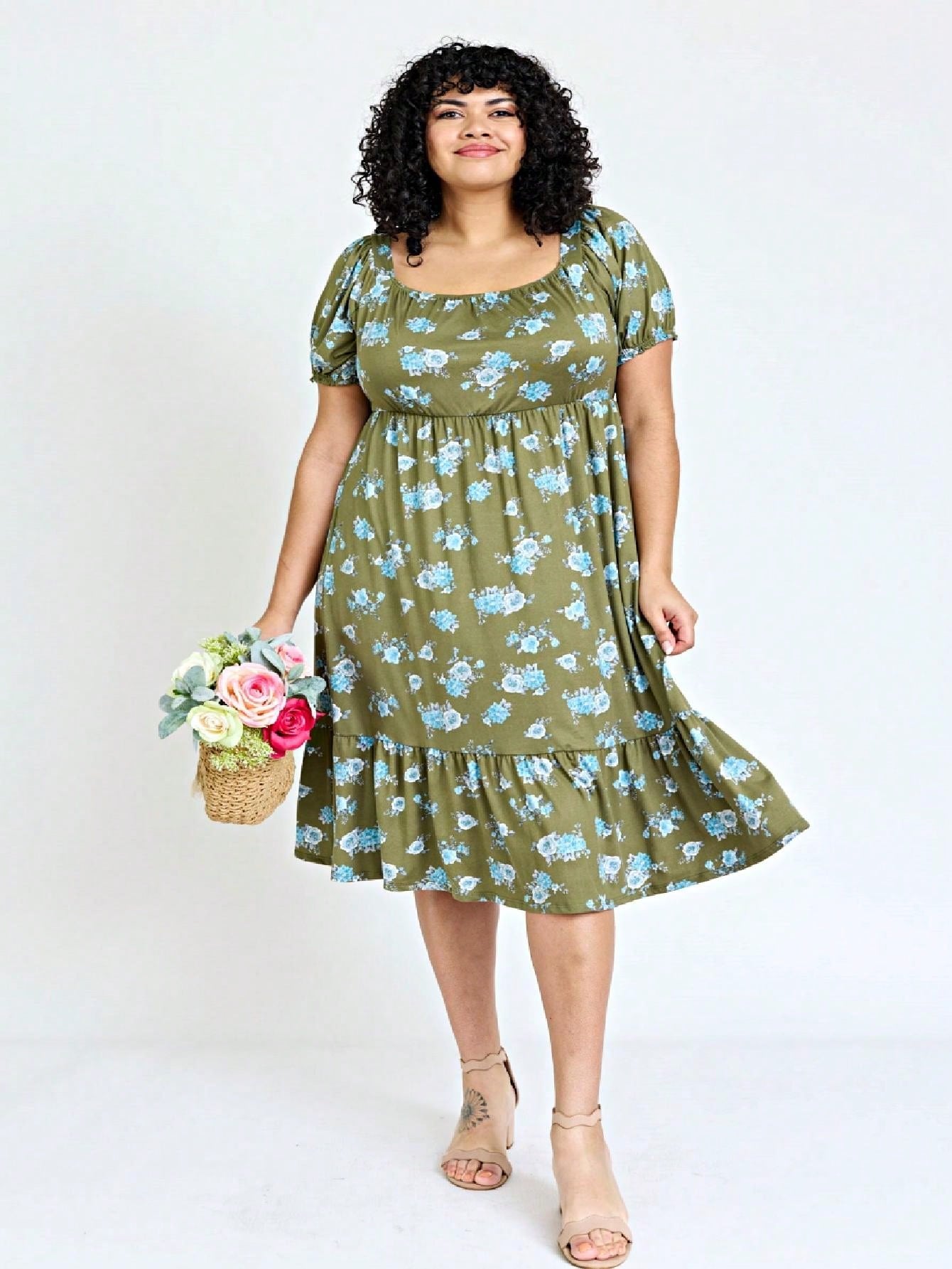 Boho Retro Ditsy Floral Flutter Puff Sleeve Square Neck Tiered Ruffle Tea Midi Length Classic Bridgerton Dress