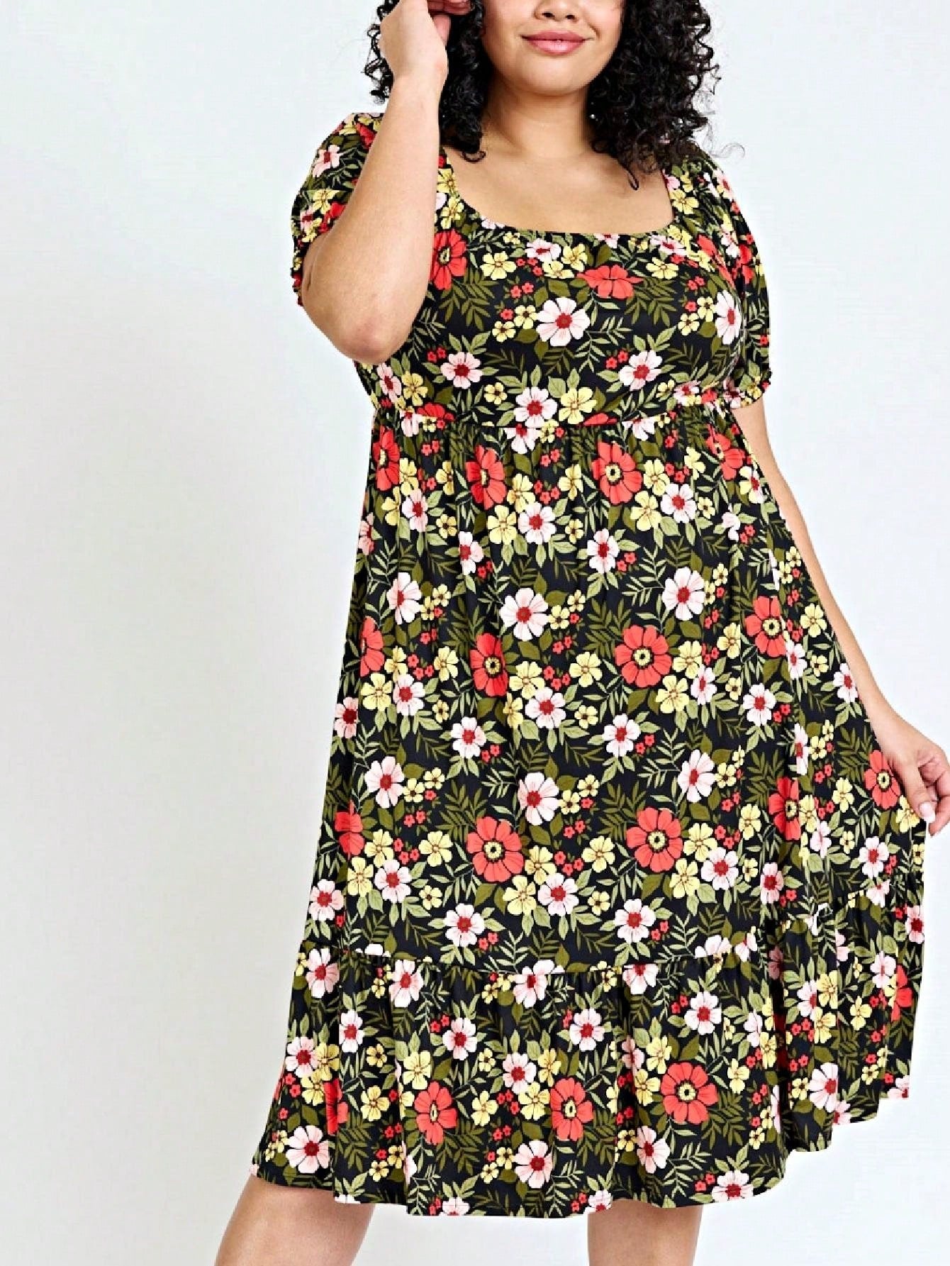 Boho Retro Ditsy Floral Flutter Puff Sleeve Square Neck Tiered Ruffle Tea Midi Length Classic Bridgerton Dress