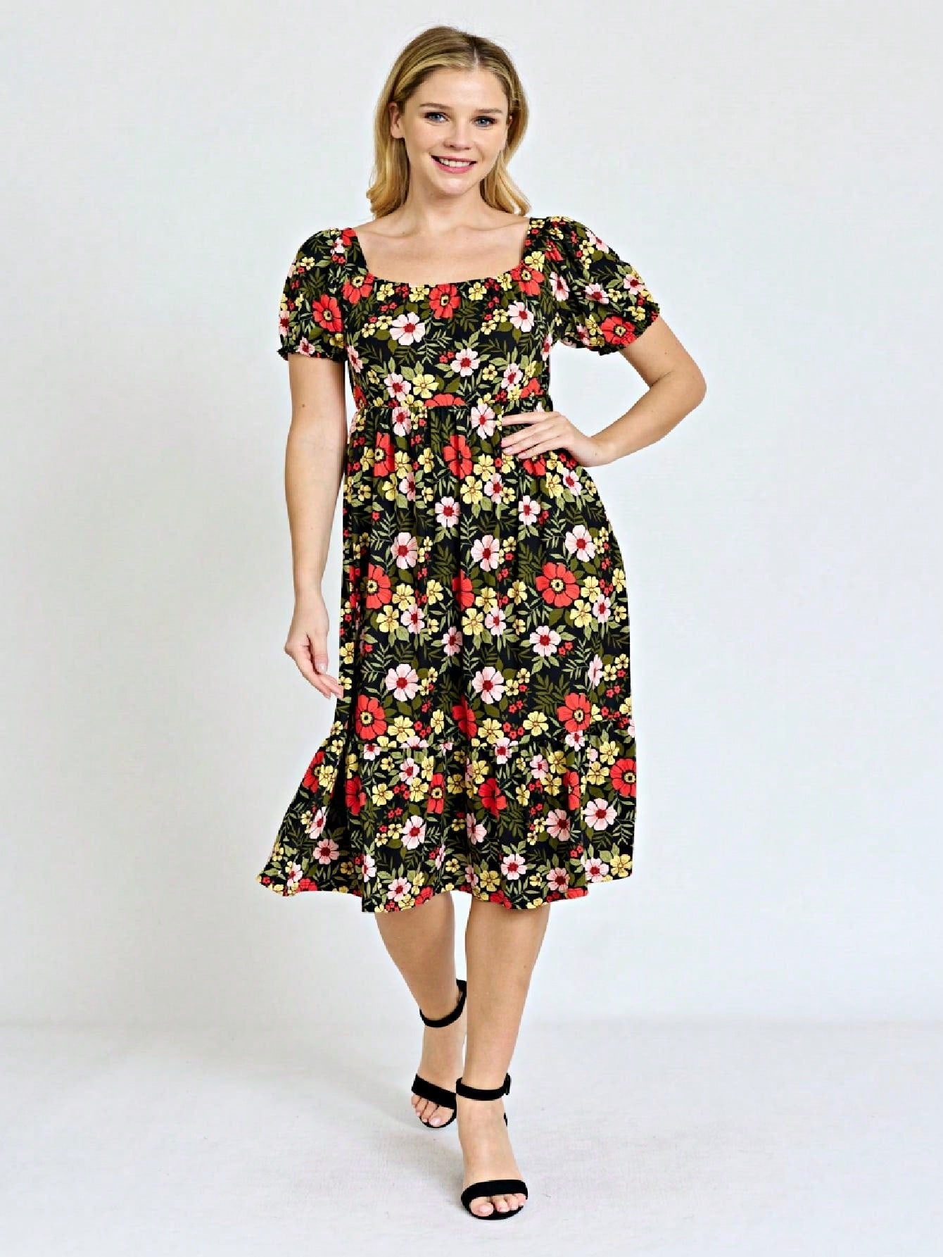 Boho Retro Ditsy Floral Flutter Puff Sleeve Square Neck Tiered Ruffle Tea Midi Length Classic Bridgerton Dress